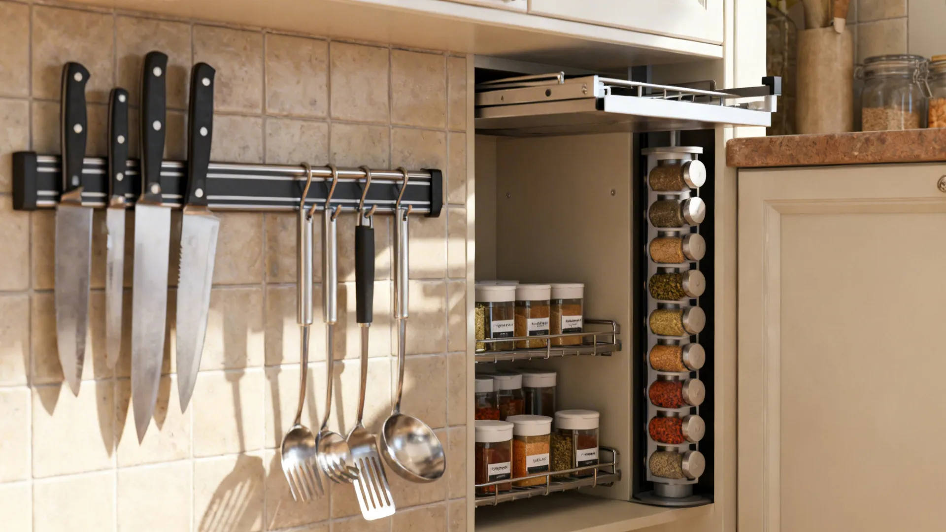 Macro view of magnetic knife strip, rail system, and rolling spice tower in a small kitchen