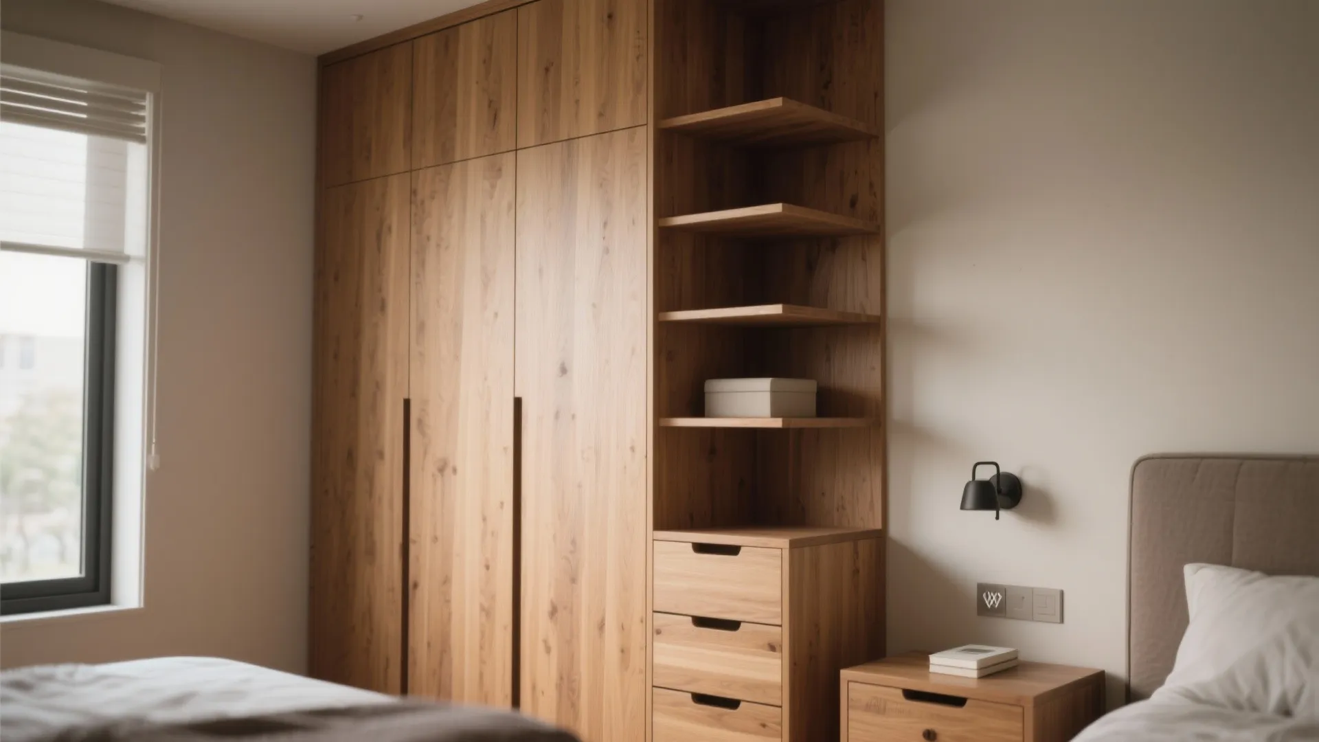 Large wooden wardrobe with open side shelves and drawers placed next to a modern bed