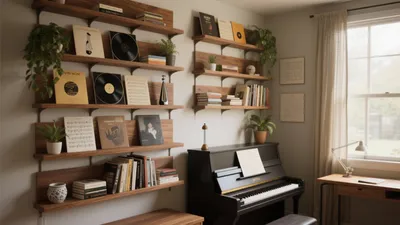 Cozy Music Study Corner with Open Shelving