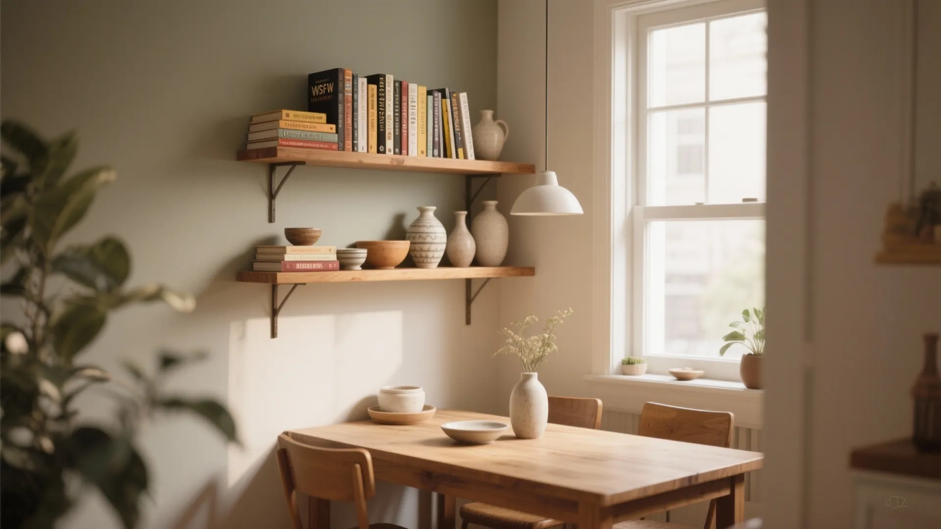 Wooden dining table with chairs under wall shelves holding books and pottery near a window