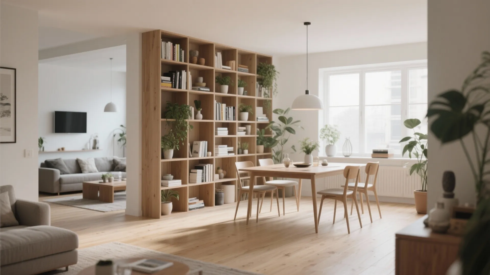 Tall shelving unit providing storage and defining dining zone