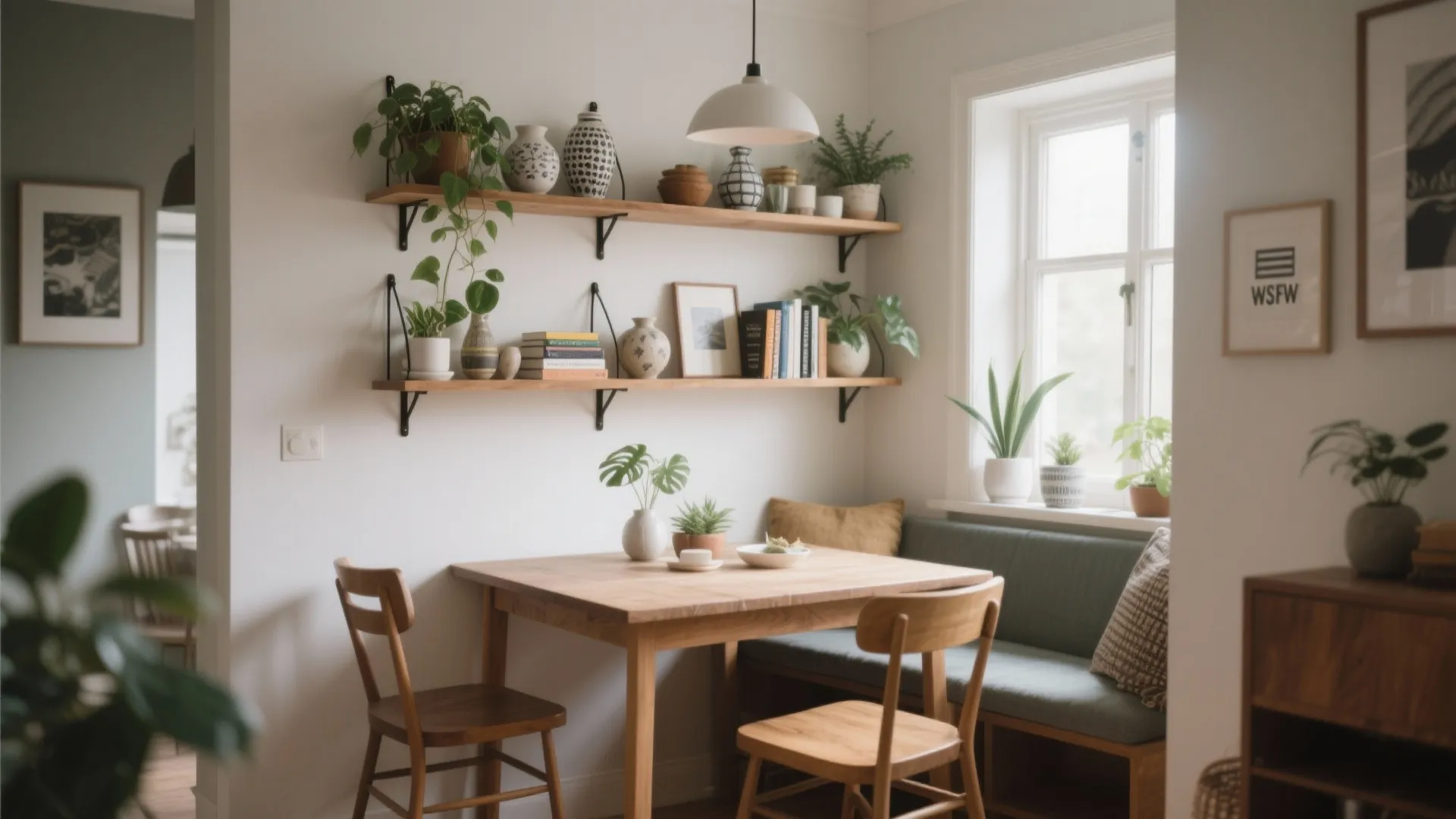 Small dining space with wooden table, green sofa bench, two shelves, and white ceiling light