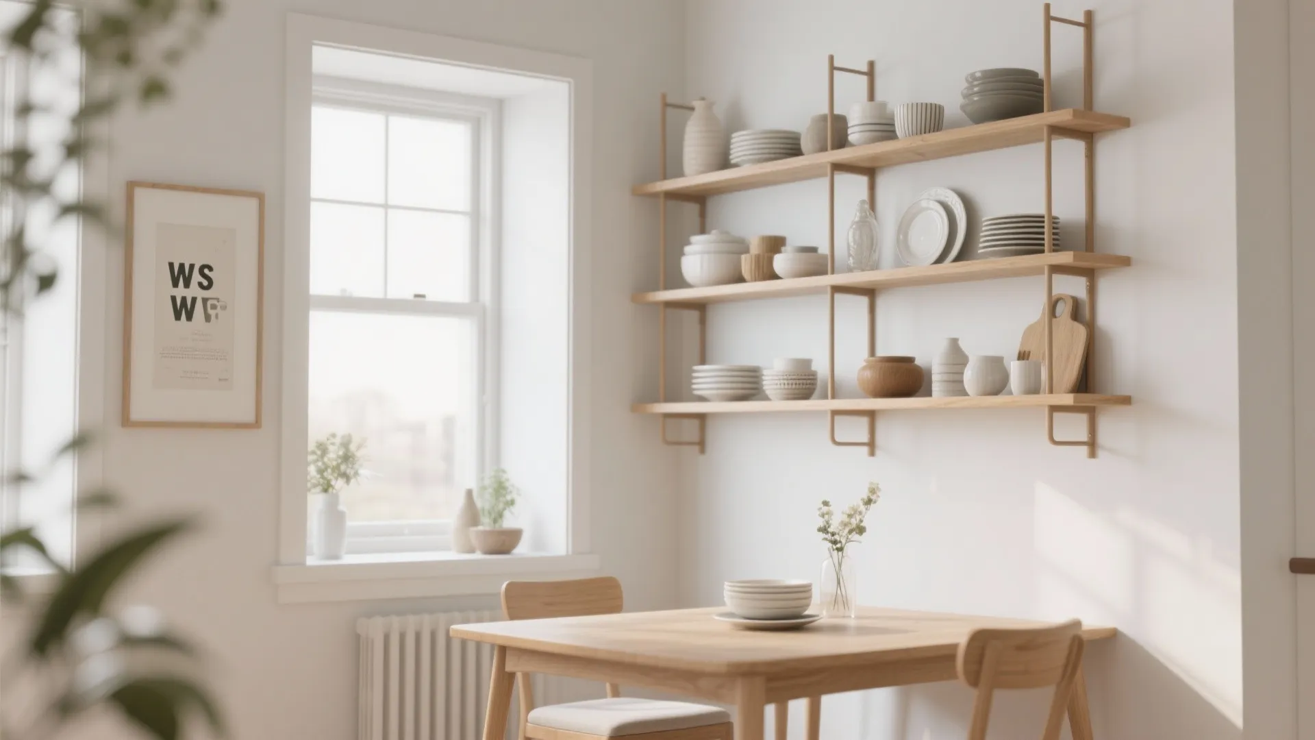 Wooden dining table and wall shelves with dishes in a bright room with one window