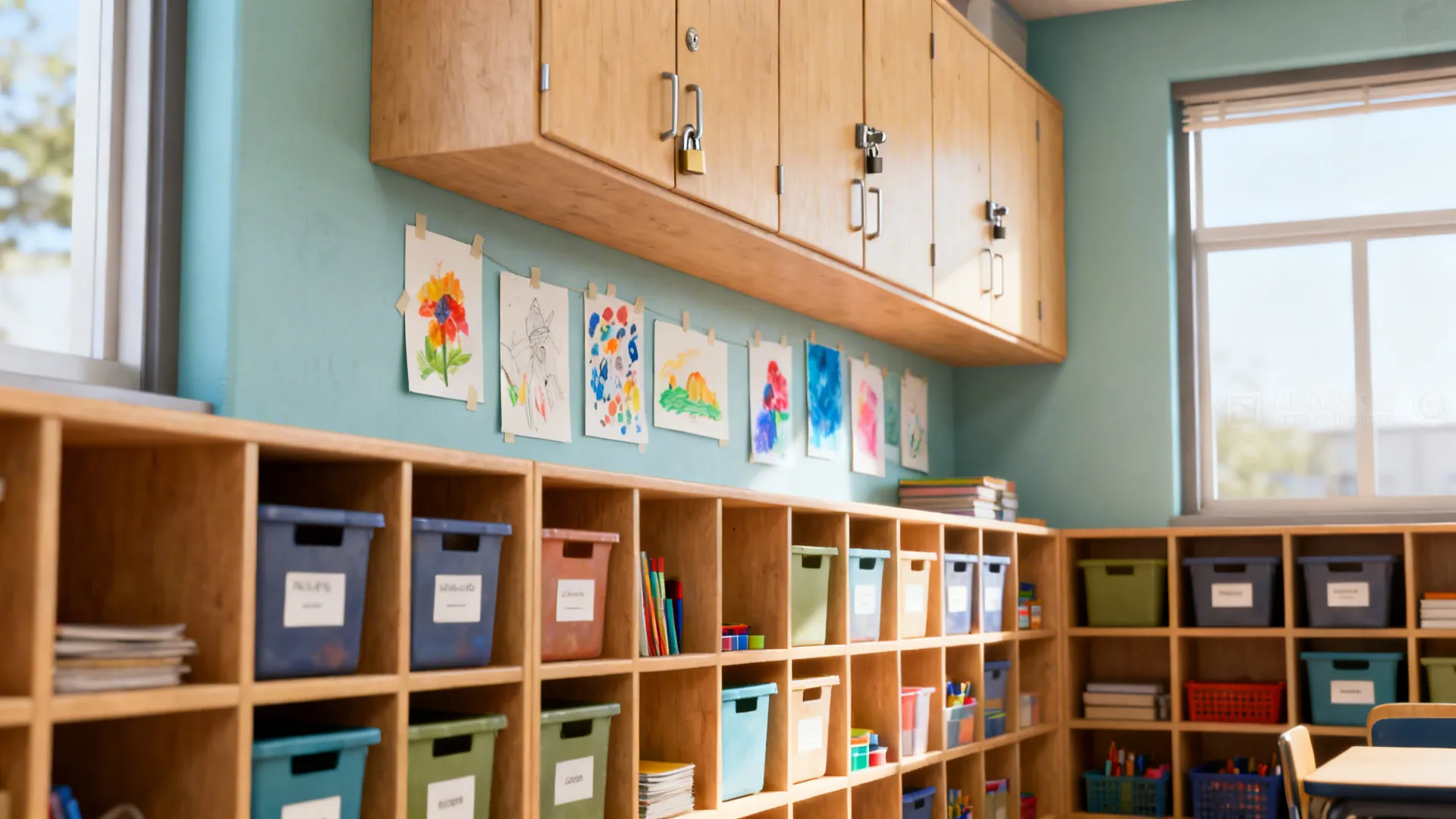 Tall shelving and wall cubbies displaying student artwork and labeled bins in a small classroom.