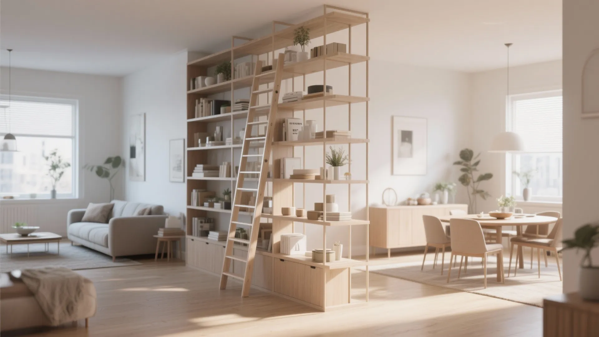 Tall open shelving dividing living and dining zones
