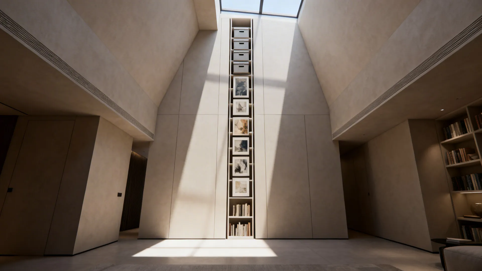 Minimalist interior featuring a tall vertical wall shelf with boxes and books under a roof window