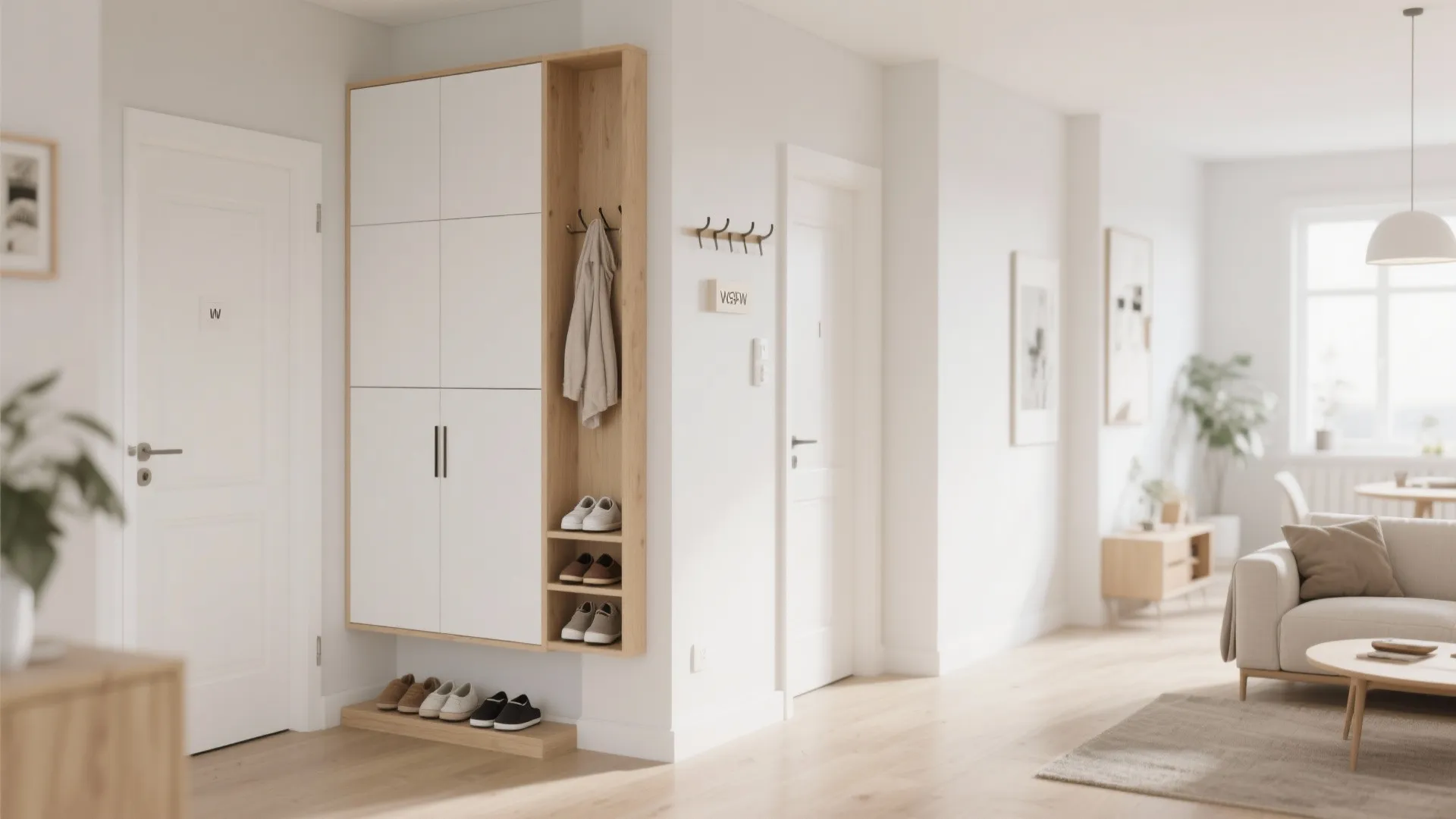 Modern white entry cabinet with wooden shelves for shoes and coats in a bright hallway