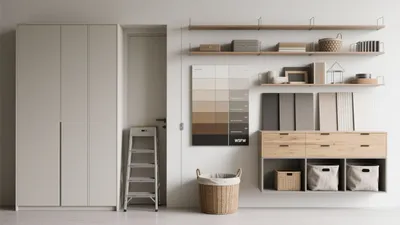 Modern Utility Laundry Space with Open Shelving
