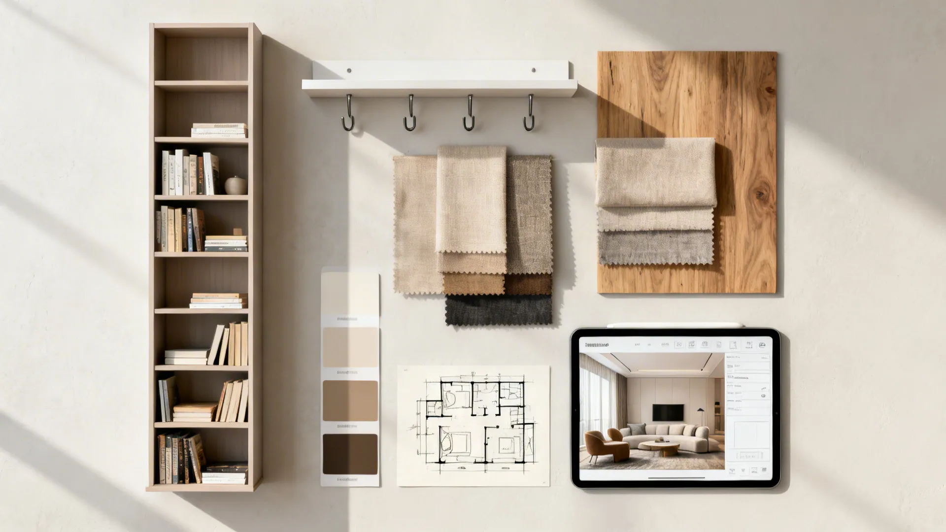 Flatlay of vertical storage ideas and room planner mockup for small living rooms.