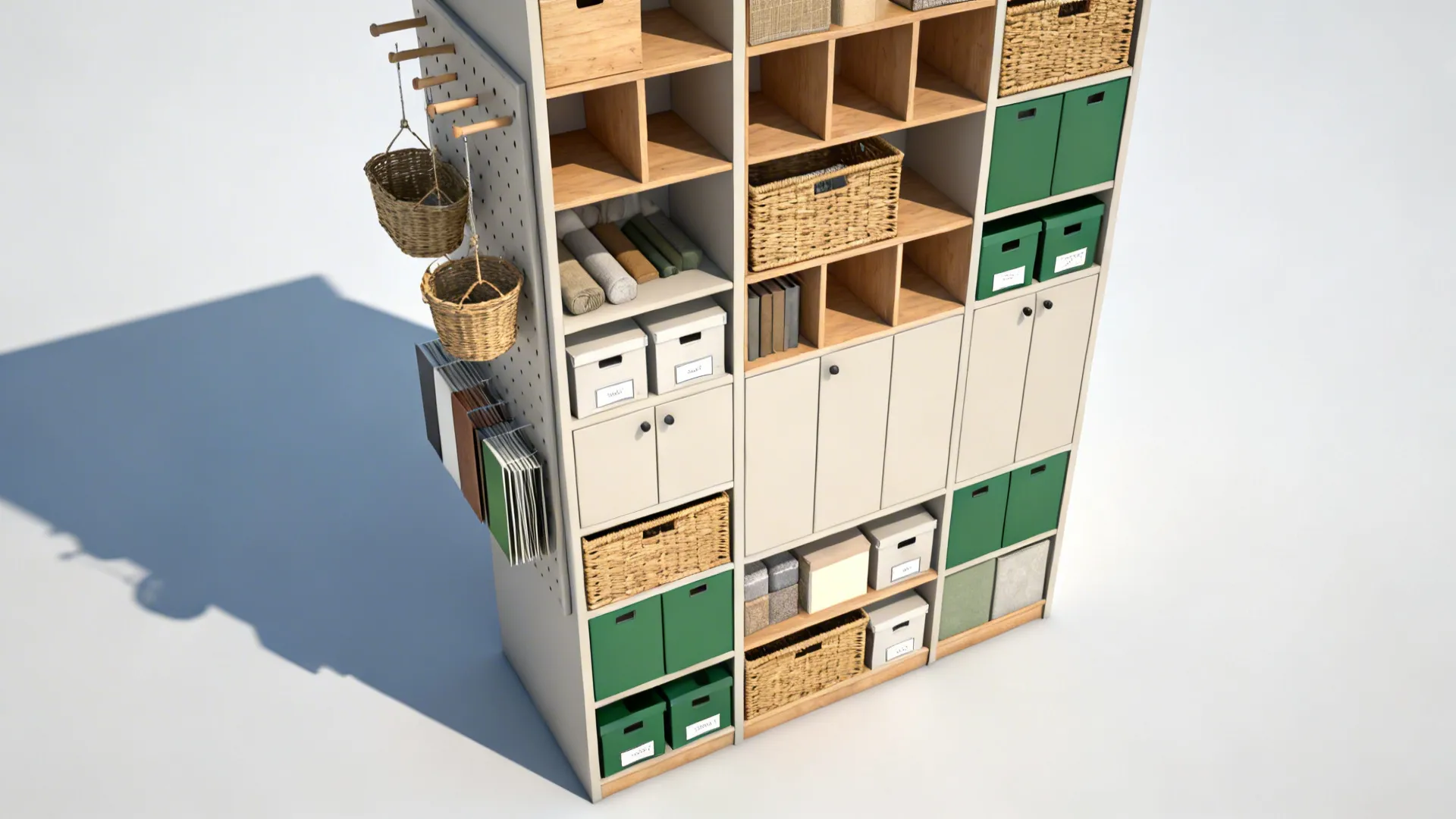 Vertical storage options with open cubbies and closed cabinets and material swatches