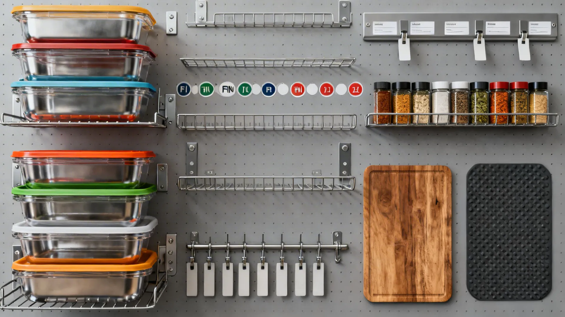 Flat lay of clear GN pans, colored lids, labels, spice rails, and shelving hardware for vertical storage.