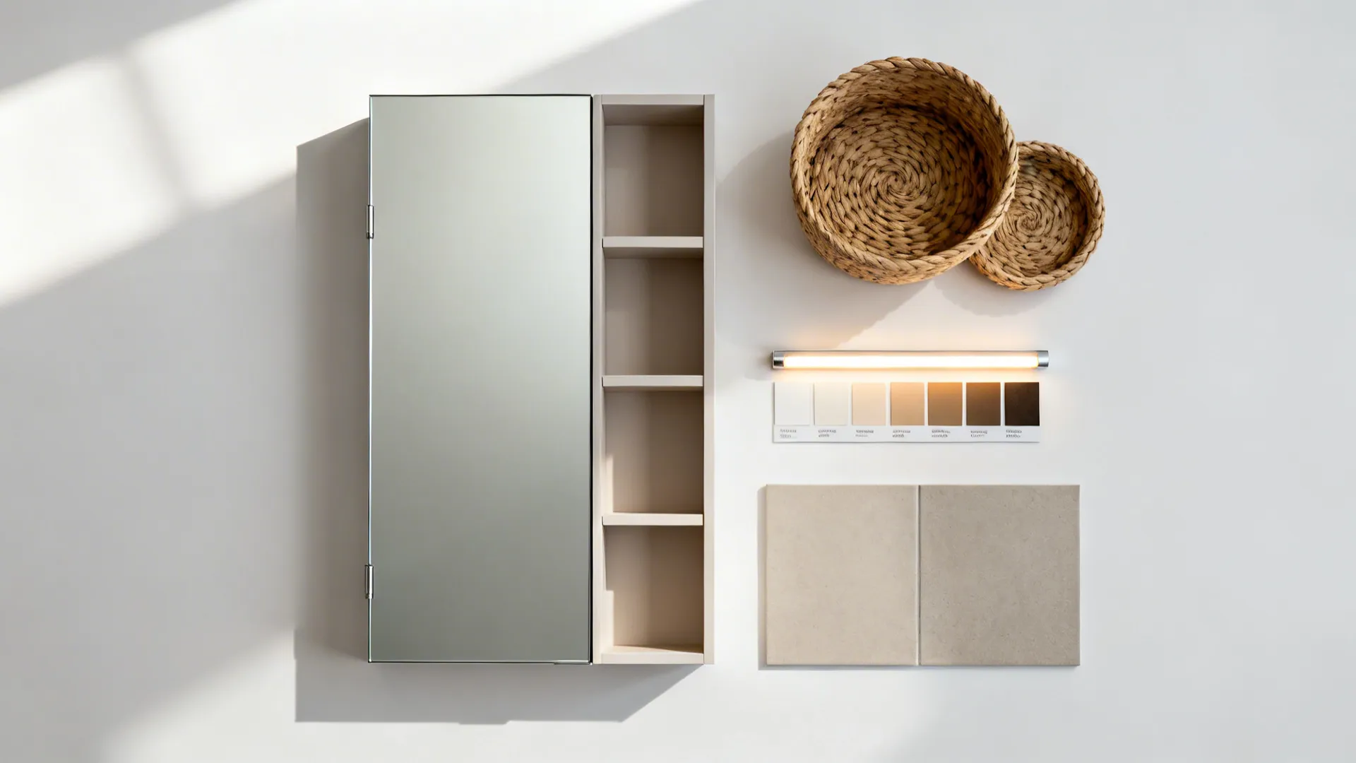 Flatlay of vertical storage and lighting samples for a small bathroom design