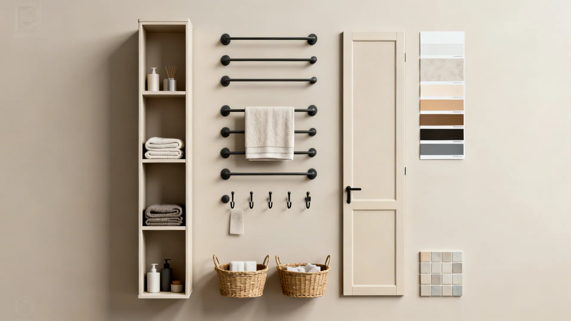 Flatlay of vertical storage options: rails, hooks, slim shelf and baskets for a small bathroom.