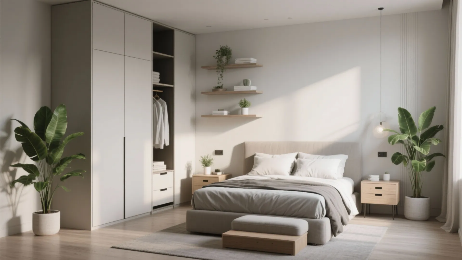 Bedroom showcasing tall wardrobes, wall shelves, and floating nightstands to free floor space.