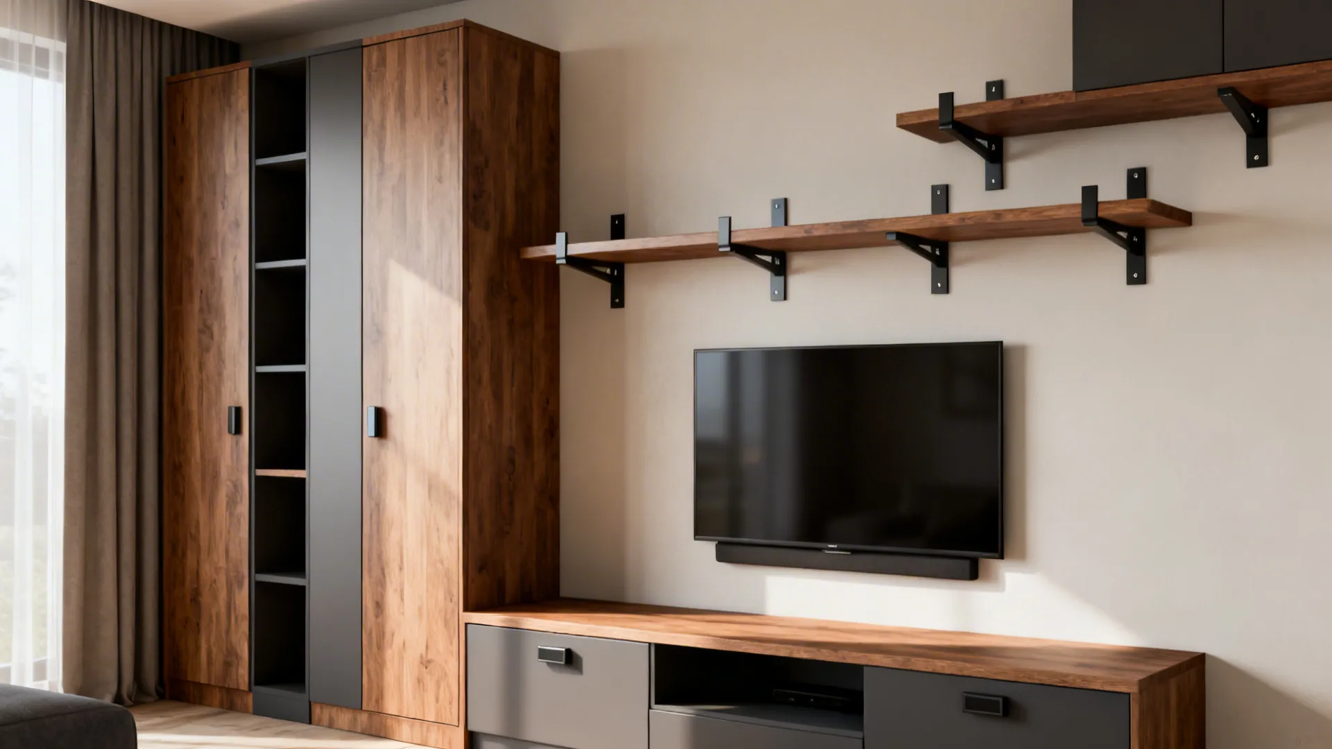 Tall cabinets and floating shelves maximizing vertical storage in an L-shaped layout.