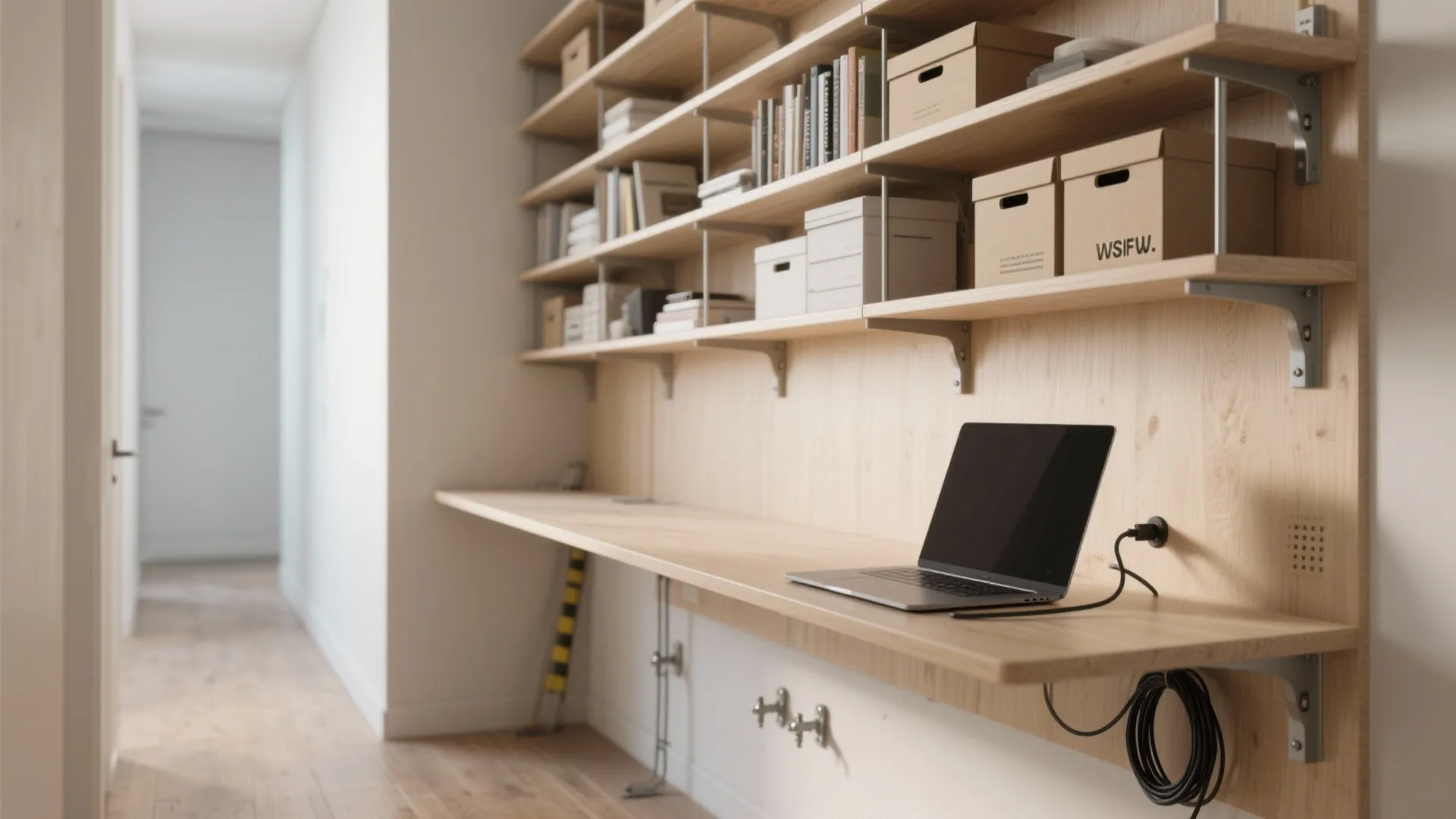 1. Vertical Storage + Floating Desks