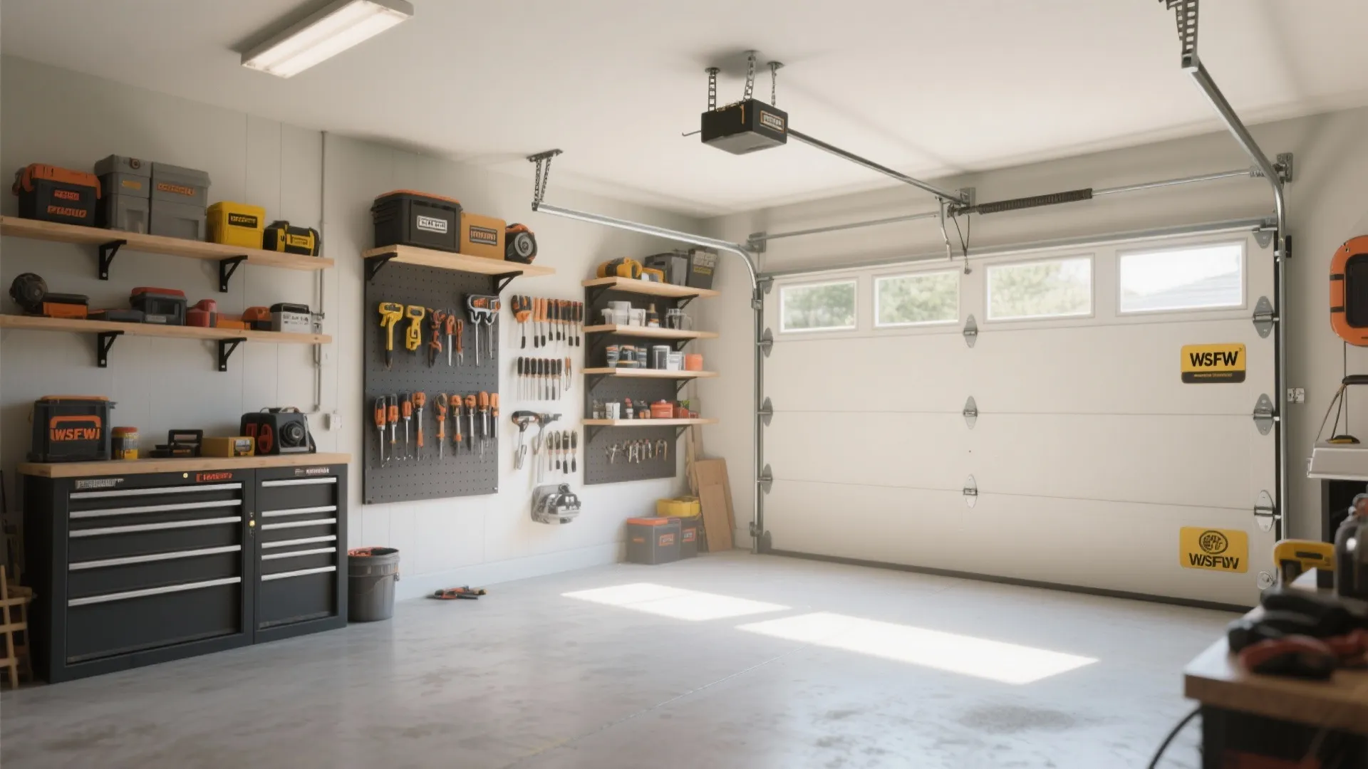 Small garage interior with organized vertical wall storage