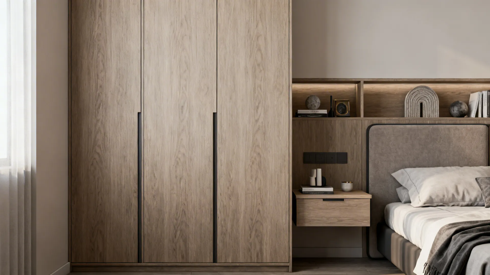 Built-in headboard shelves and tall vertical storage in a small bedroom, showing neat organization and consistent materials.