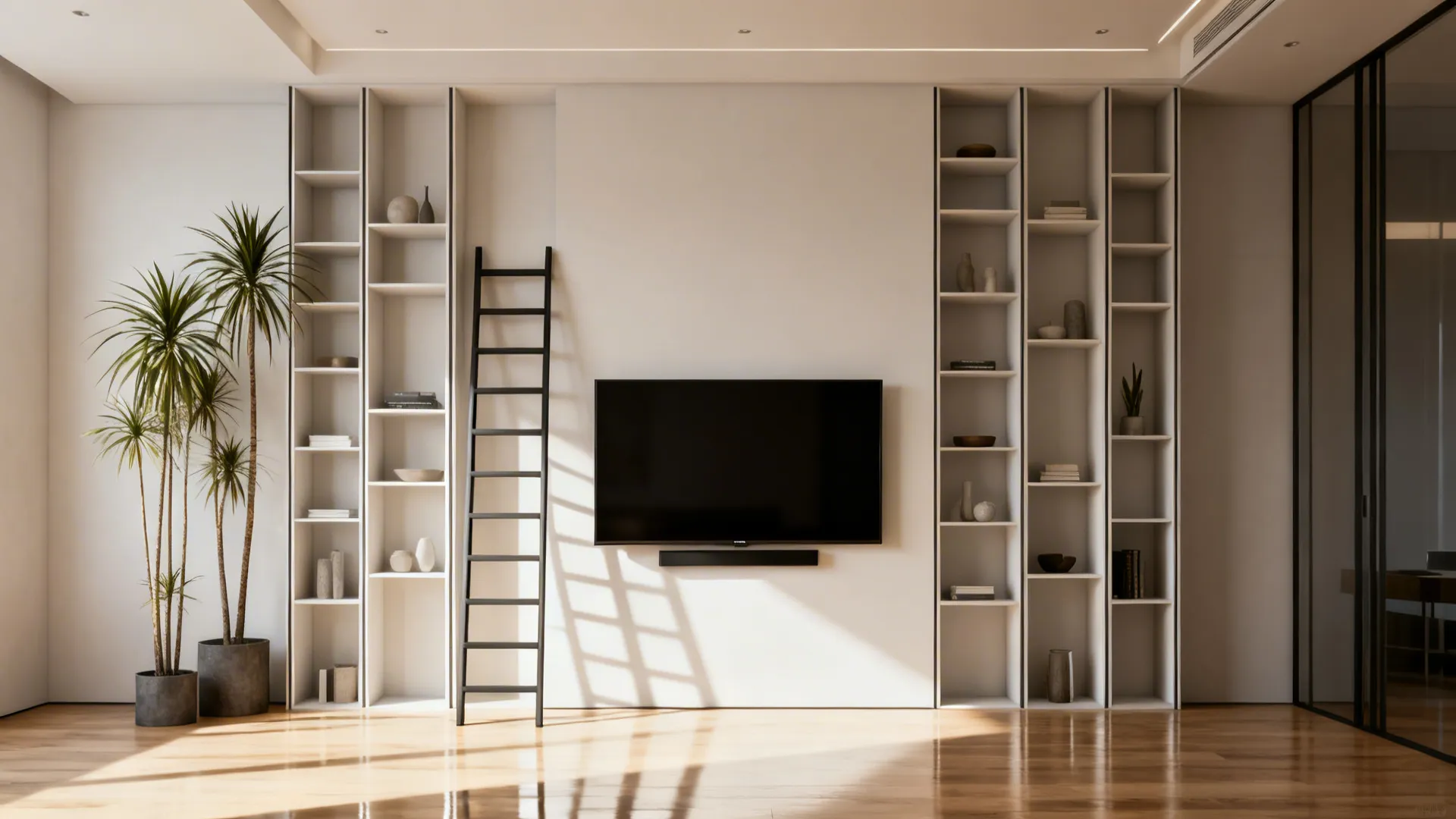 Living room with floor-to-ceiling slim shelving around a wall-mounted TV enhancing visual height.