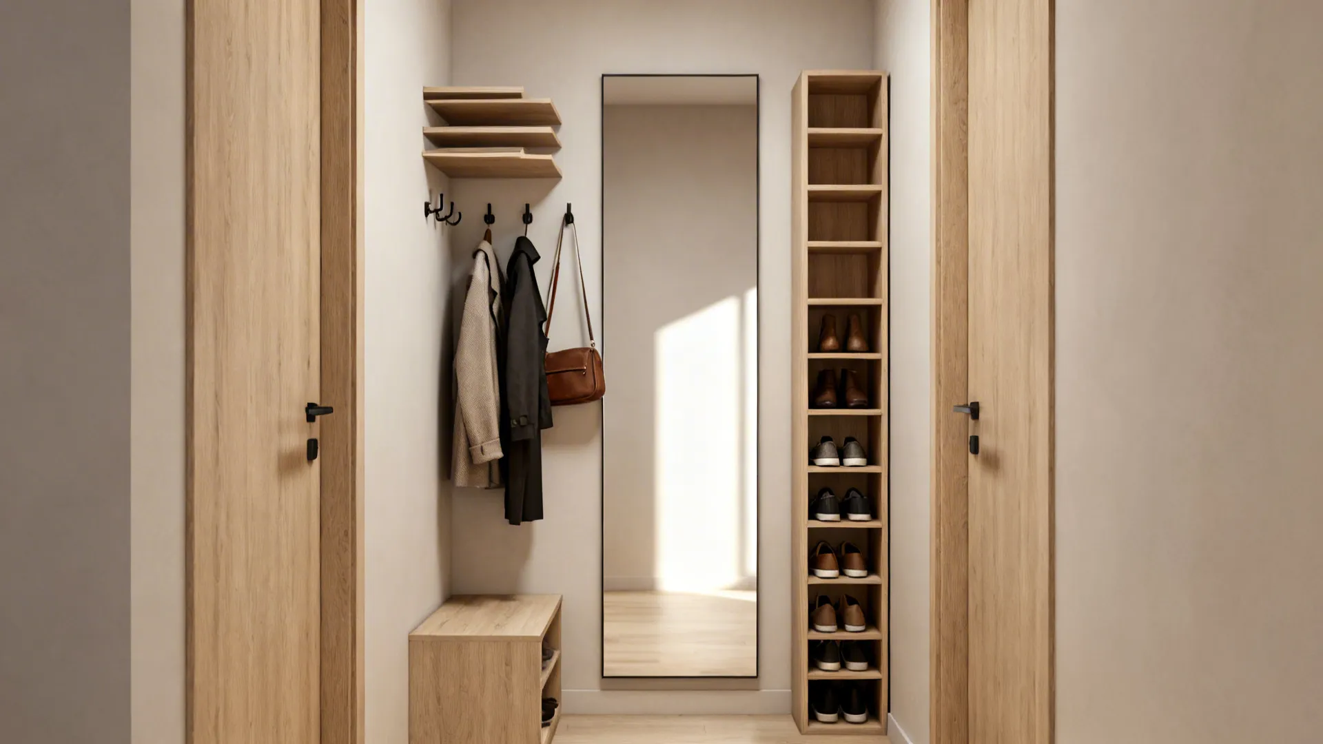 Tall slim shelves and wall hooks in a narrow entry using vertical storage
