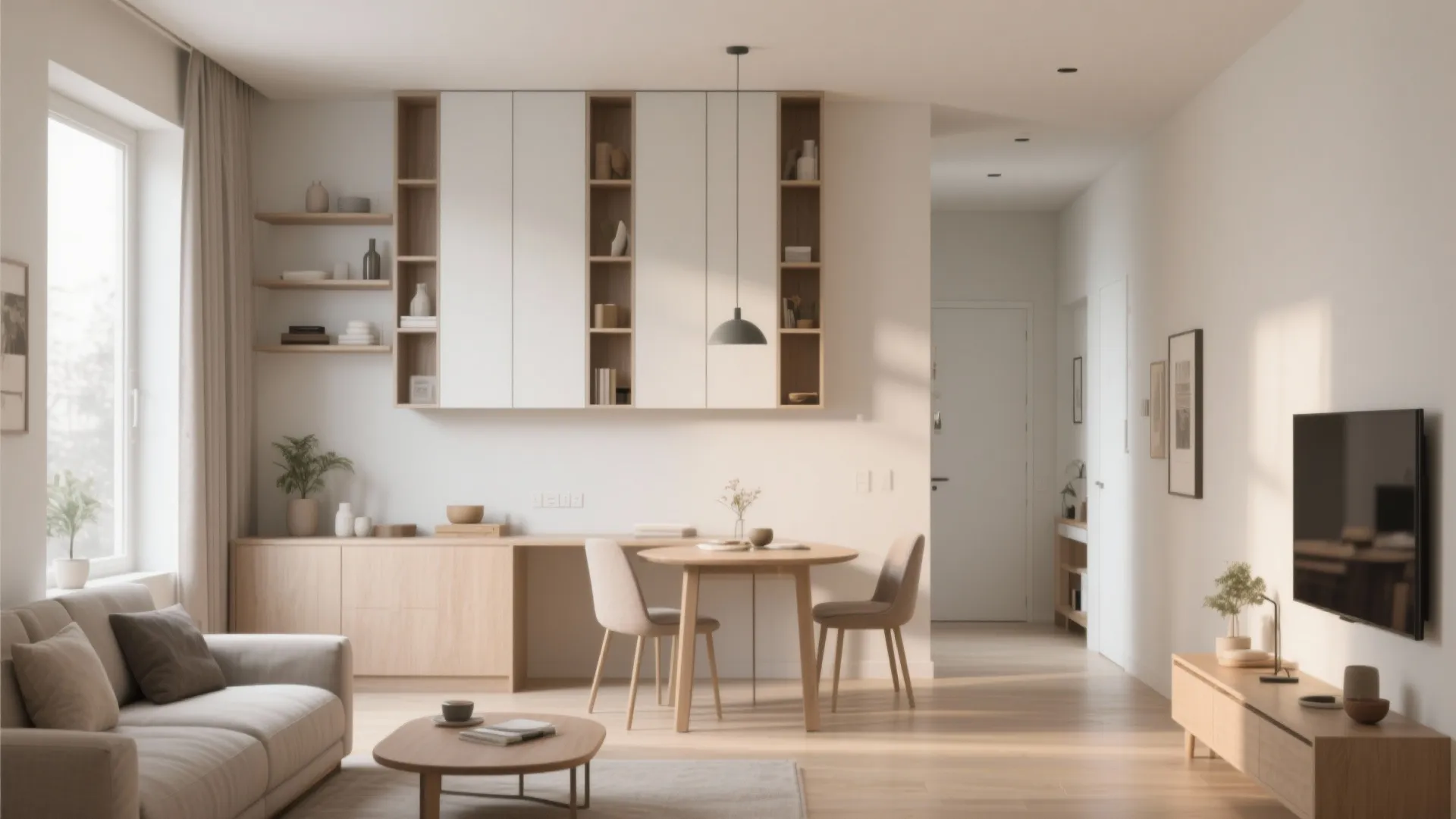Minimalist living room with white wall cabinets wooden dining table white chairs and grey sofa