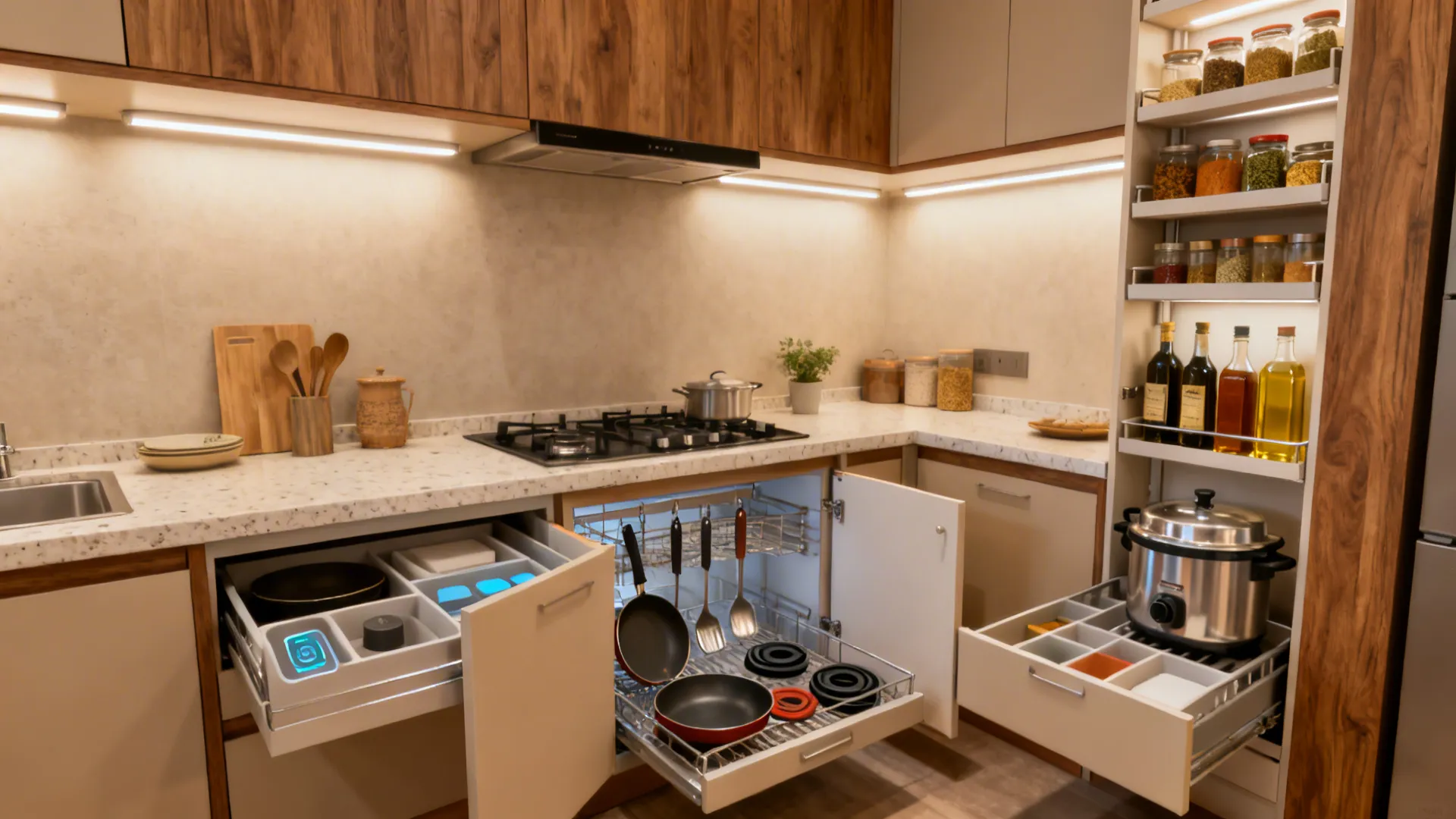 Small kitchen with ceiling-height cabinets, tall pullout pantry, and organized drawers.