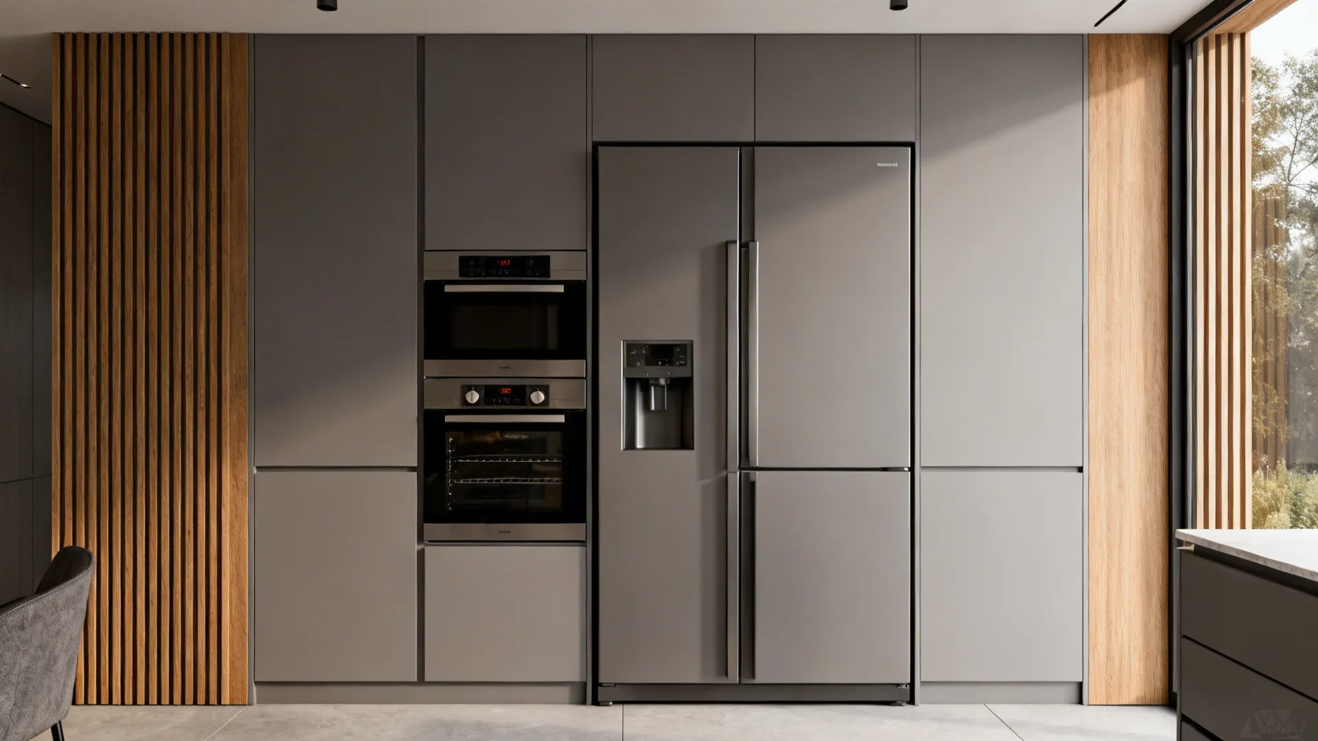 Tall cabinetry with stacked oven column and integrated refrigerator to maximize vertical storage.