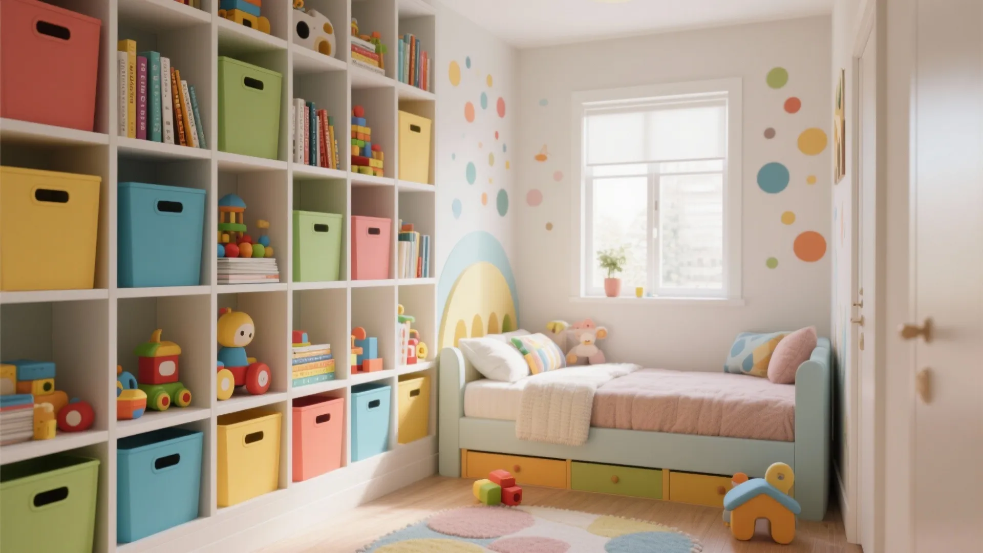 Colorful kids room featuring large white wall storage unit with many boxes books and toys