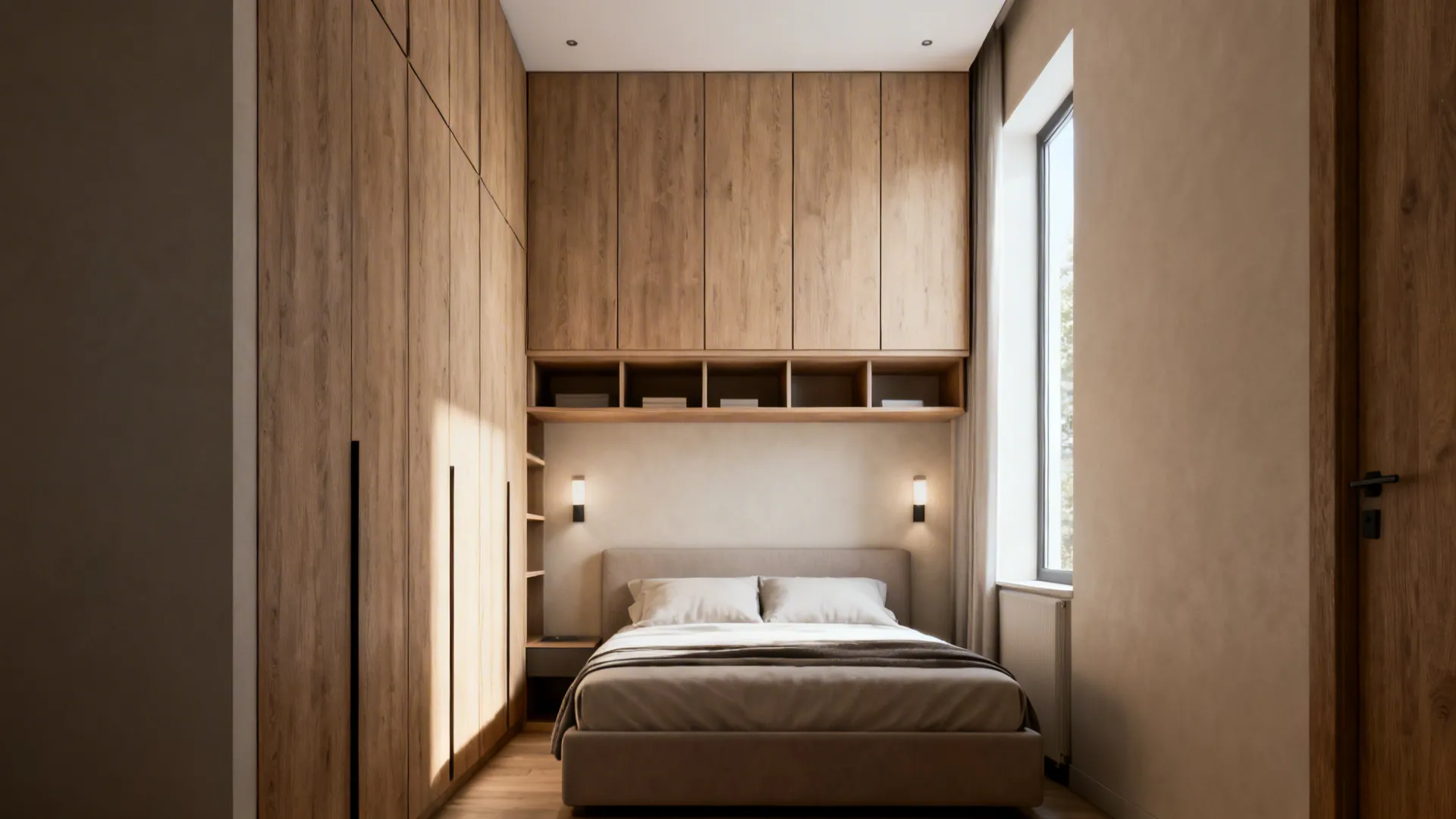 Small bedroom with tall wardrobes and shelves above a king bed maximizing vertical storage