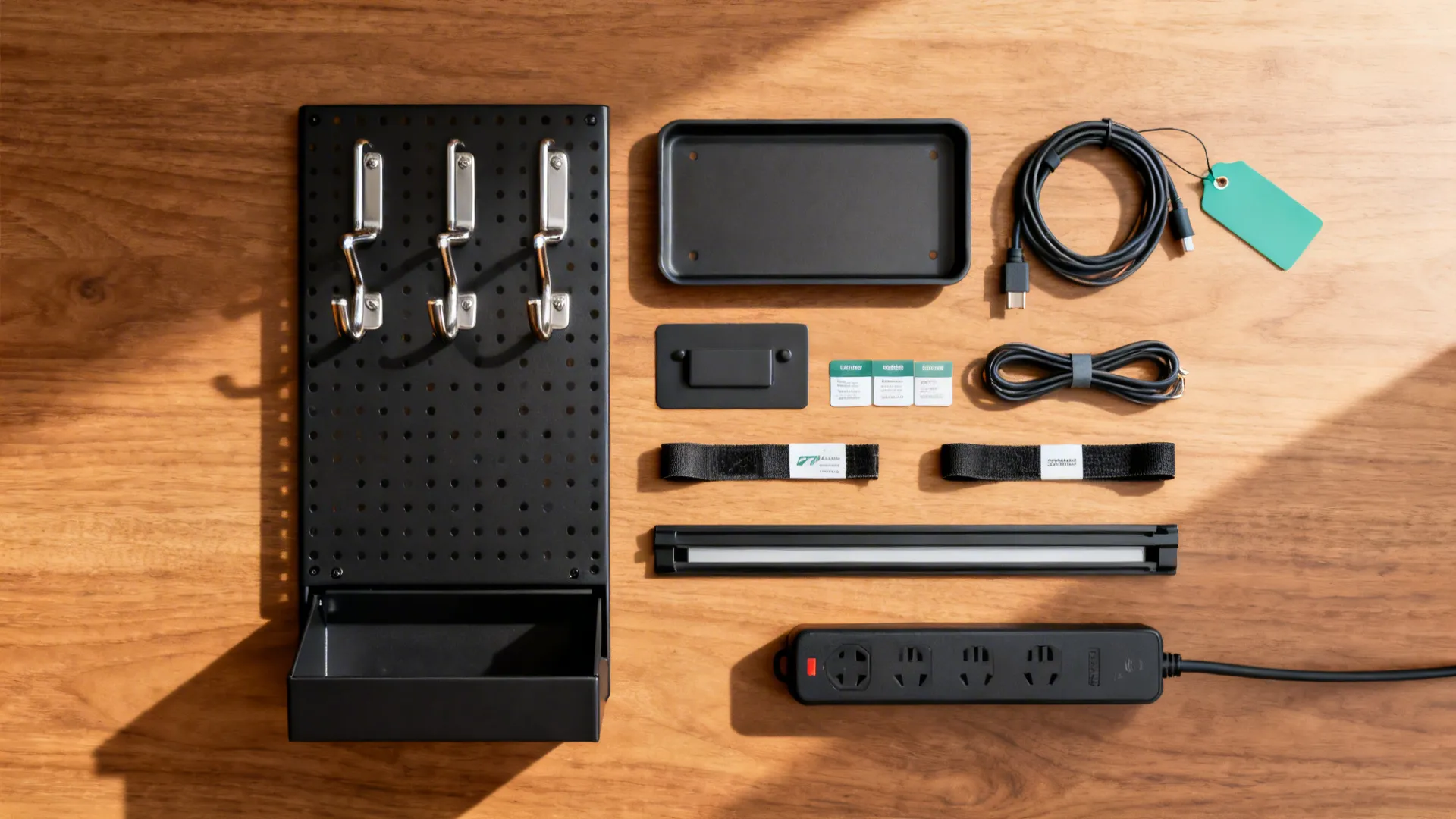Flat lay of pegboard, hooks, magnetic trays, labels, ties, and an under-desk drawer kit.