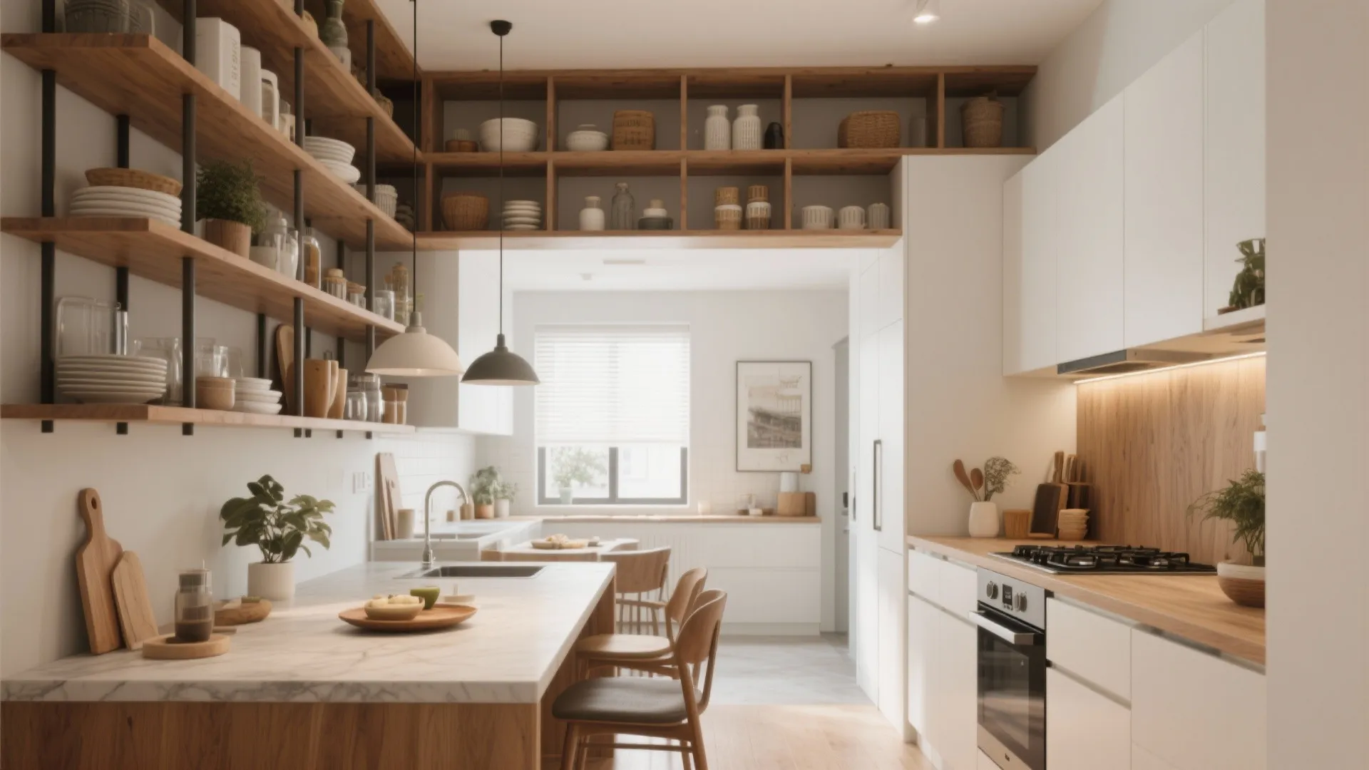 Bright kitchen featuring wooden open wall shelves for storage with white cabinets and marble island