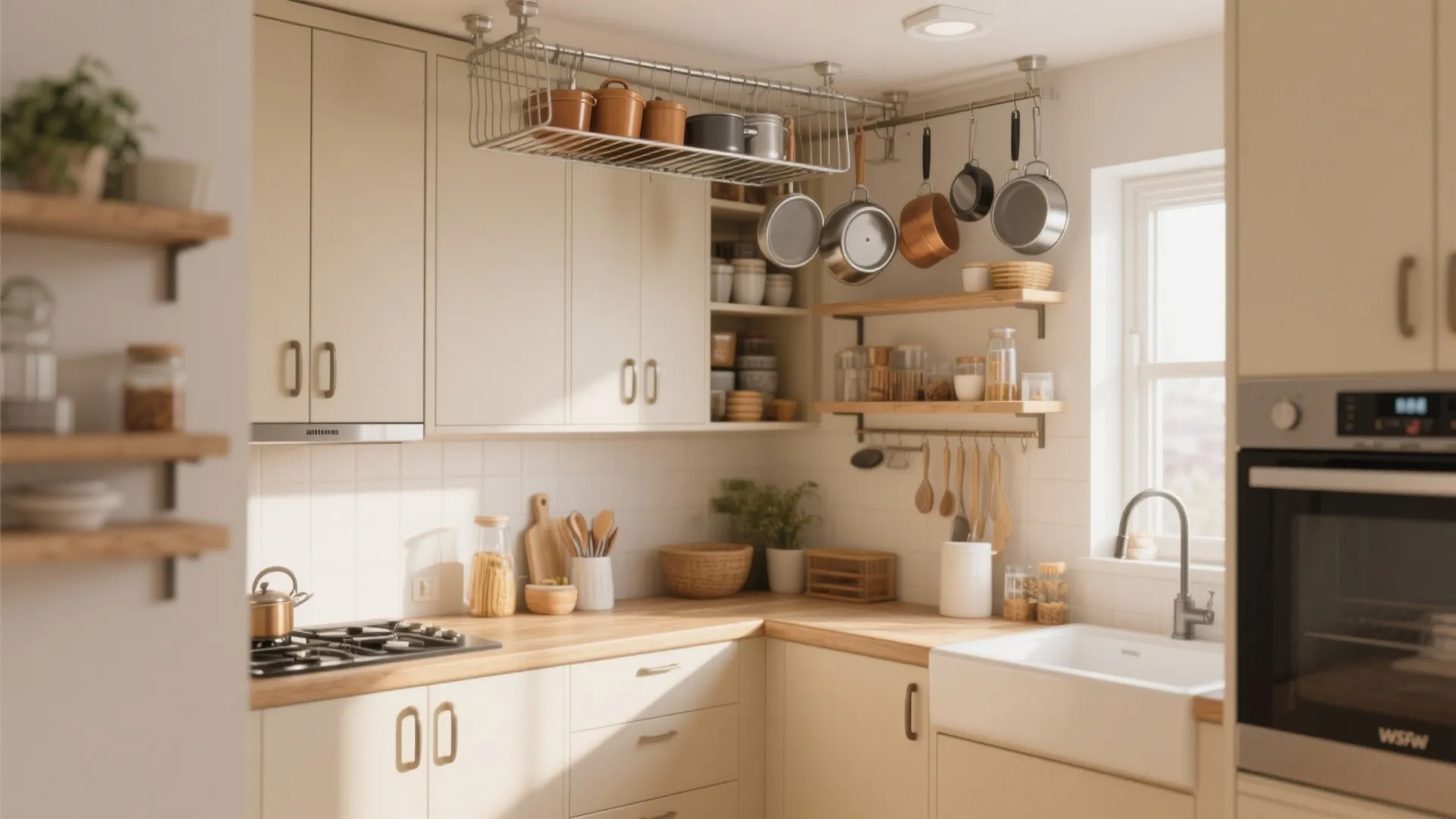 Small kitchen showing smart vertical storage with hanging pots and pans above a wooden countertop
