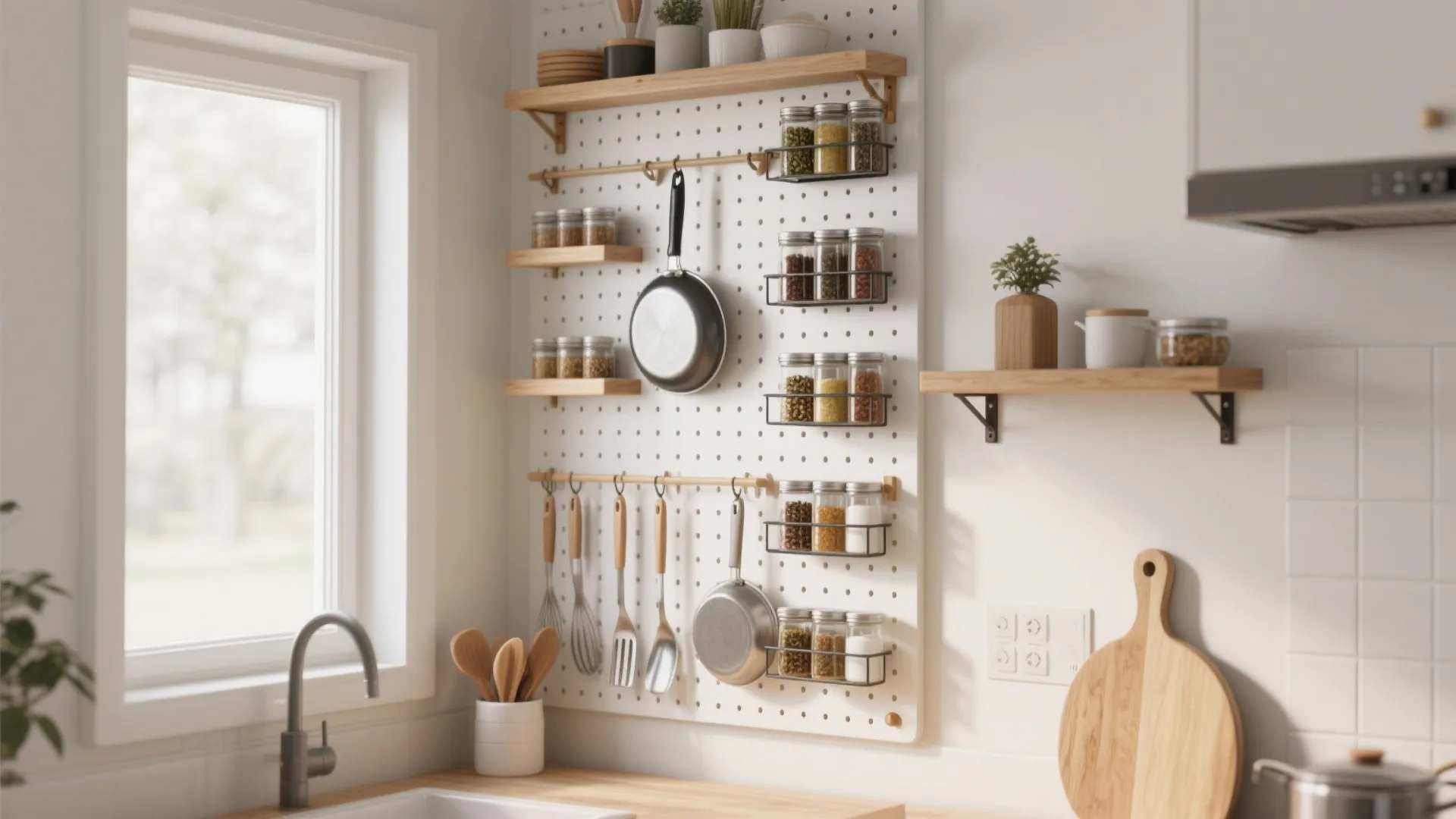 Vertical wall storage with pegboard and spice racks