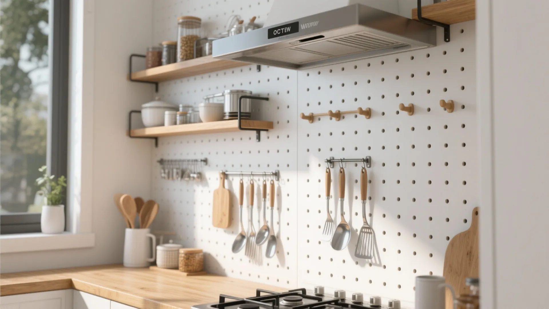 White pegboard wall in kitchen with wooden shelves hanging cooking tools and organized storage space layout