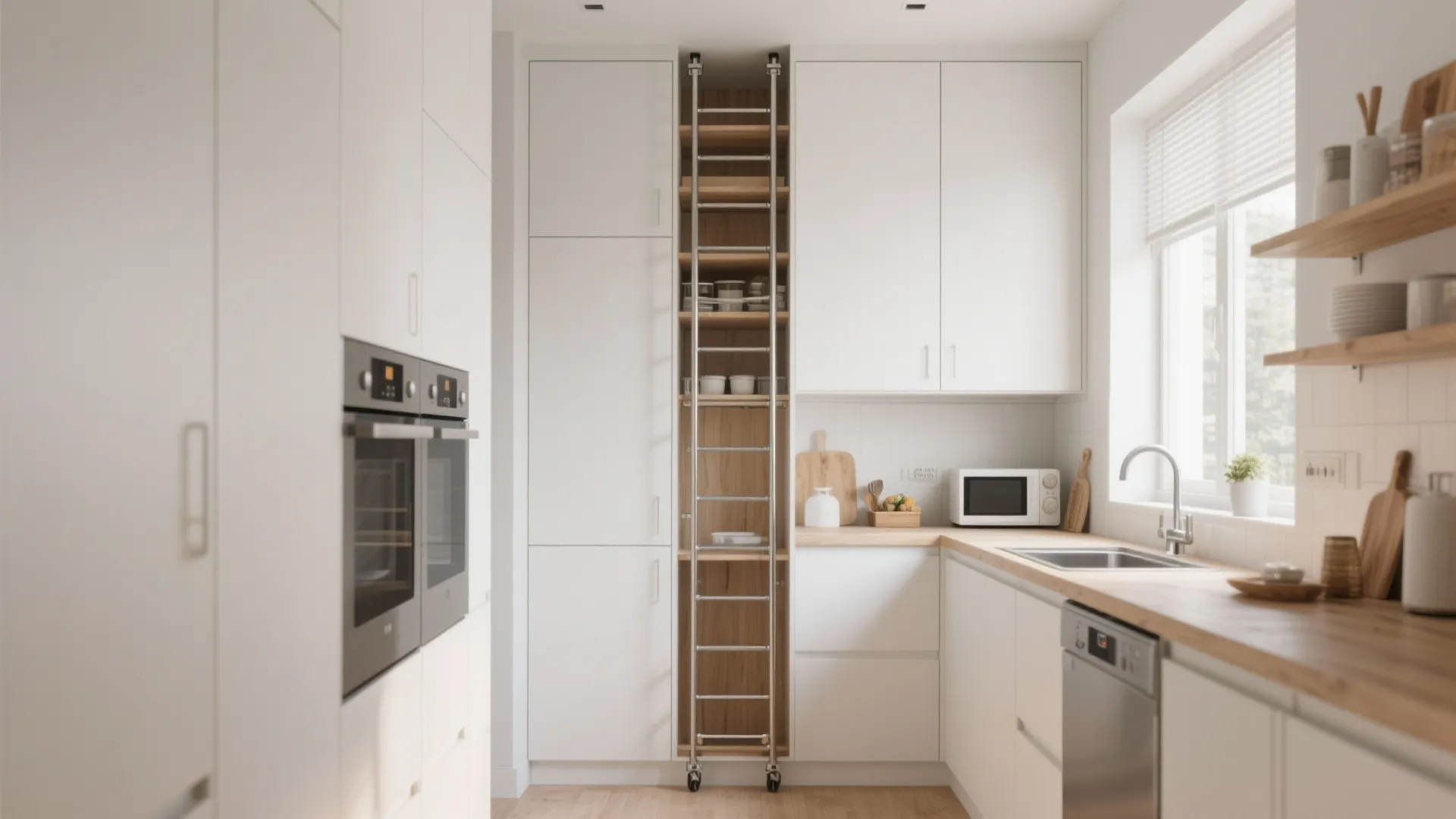 Bright minimalist kitchen with white cabinets wooden countertops and a tall metal vertical storage rack