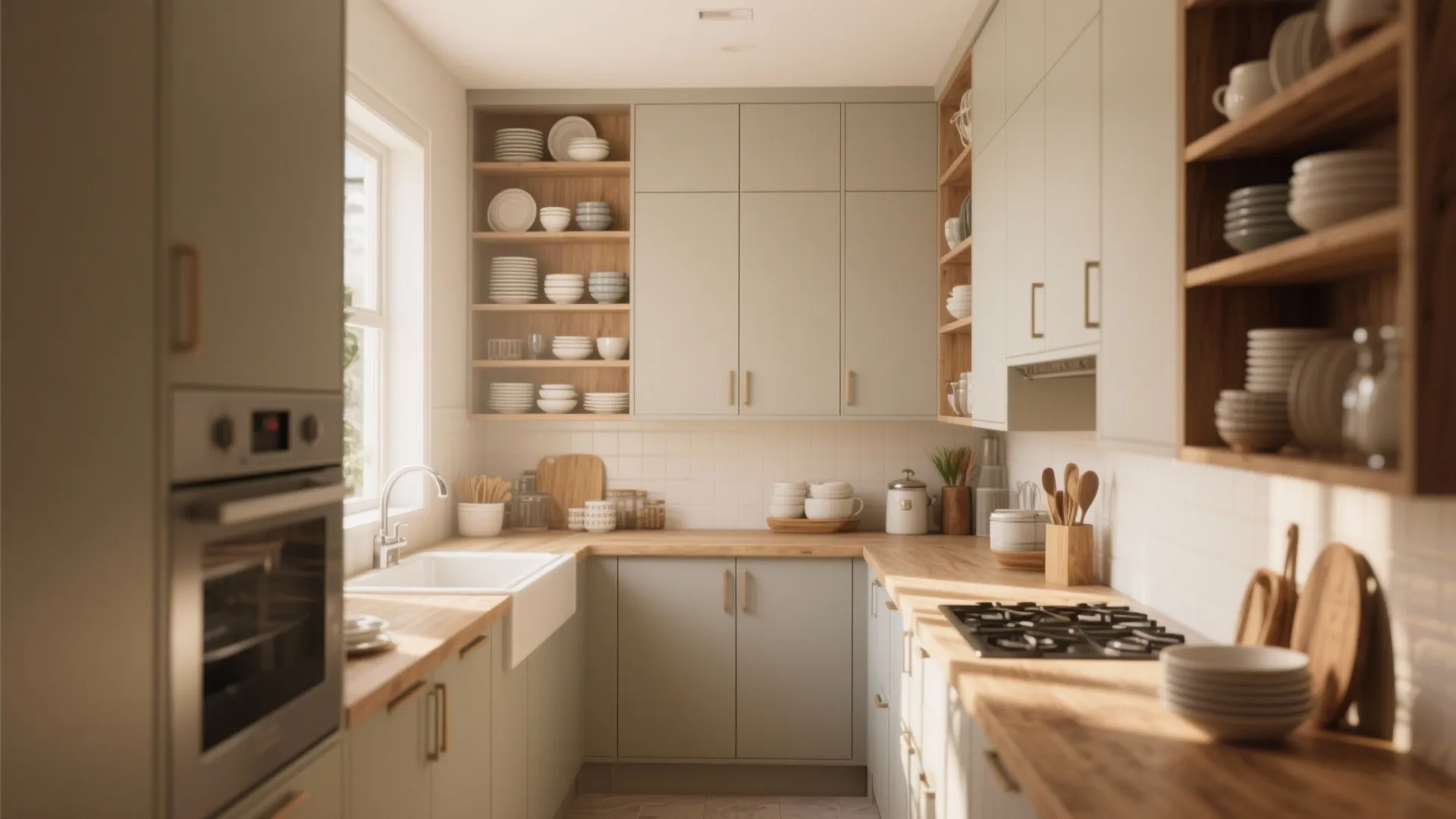 L-shaped kitchen with light green cabinets wooden shelves for plates a sink and gas stove