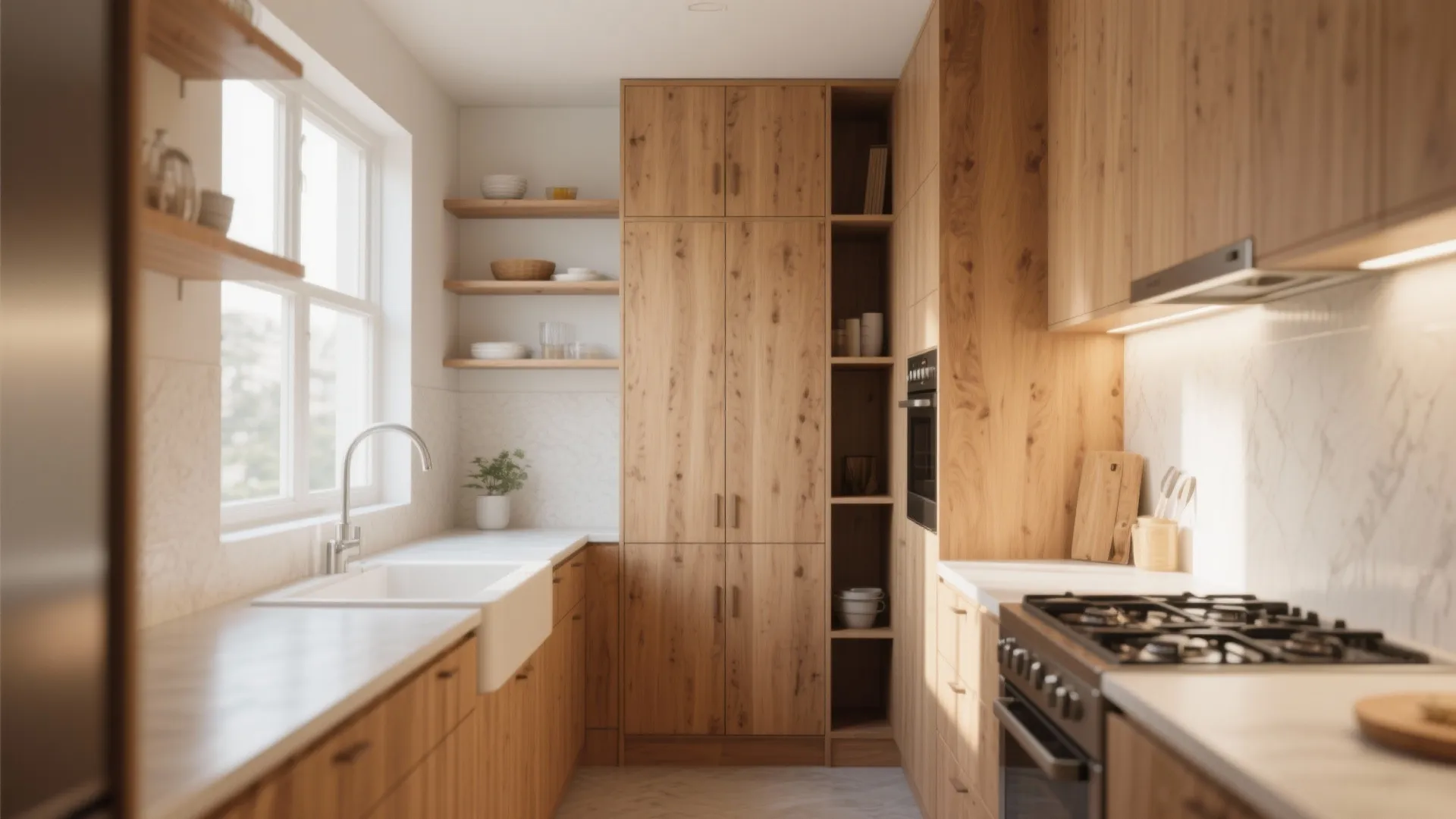 Small kitchen with wooden floor to ceiling cabinets open shelves white sink and gas stove oven
