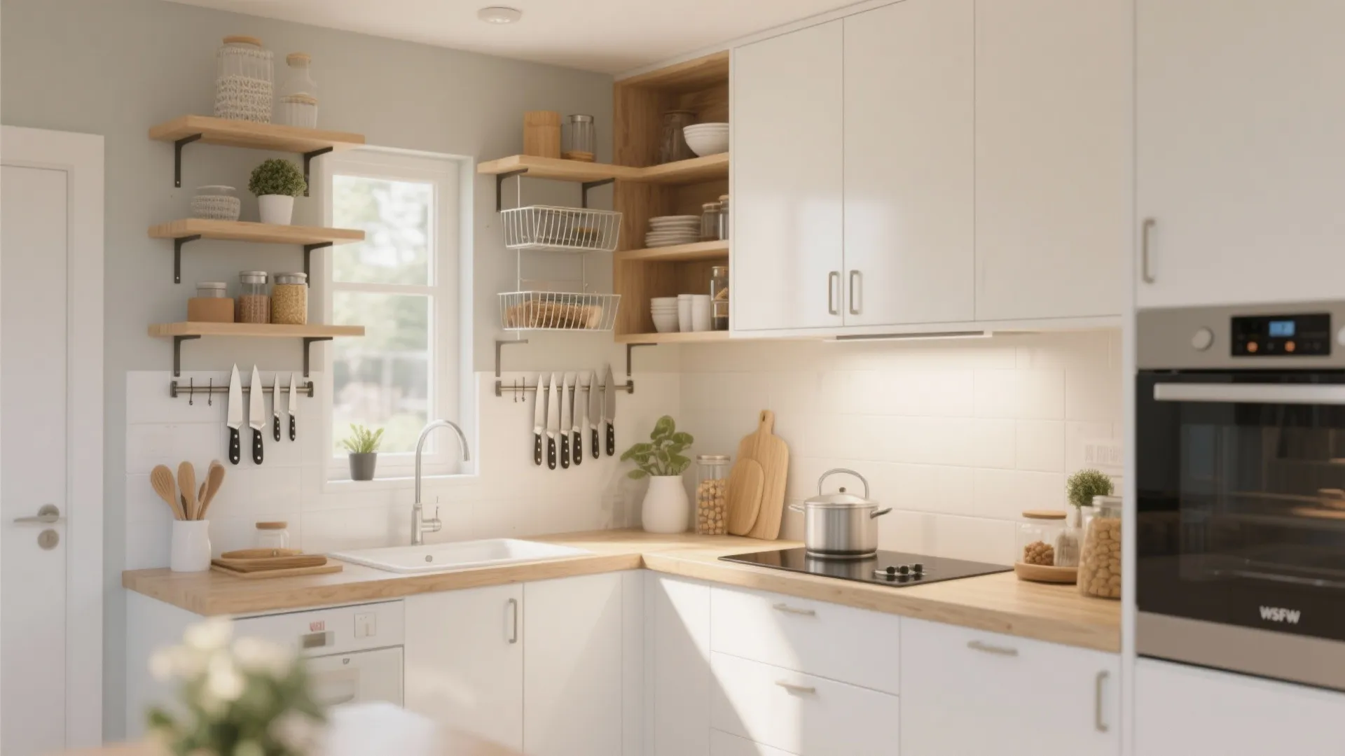 Modern white kitchen with wooden shelves knife rack white cabinets and wooden countertop with sink