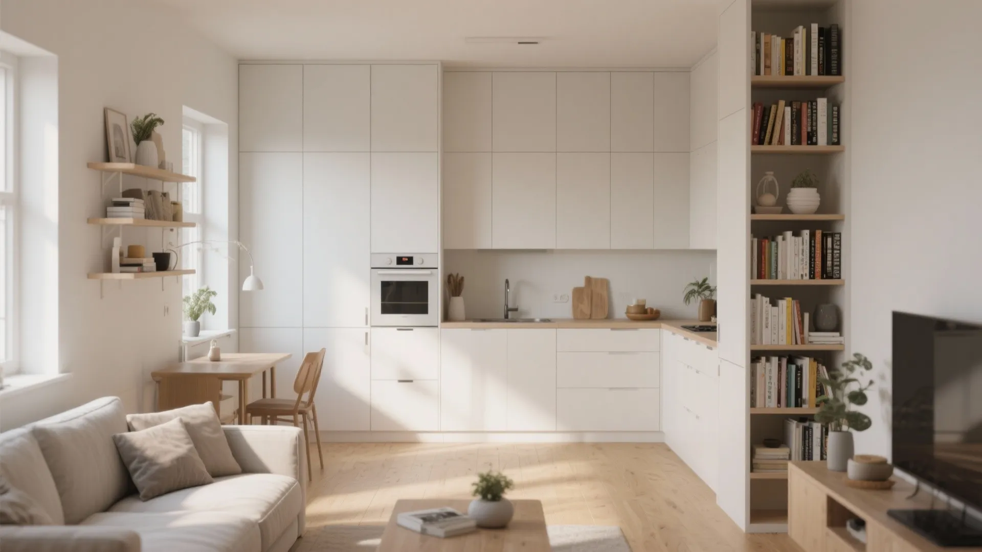 Small open plan living area with white kitchen cabinets grey sofa bookshelf and wooden floor