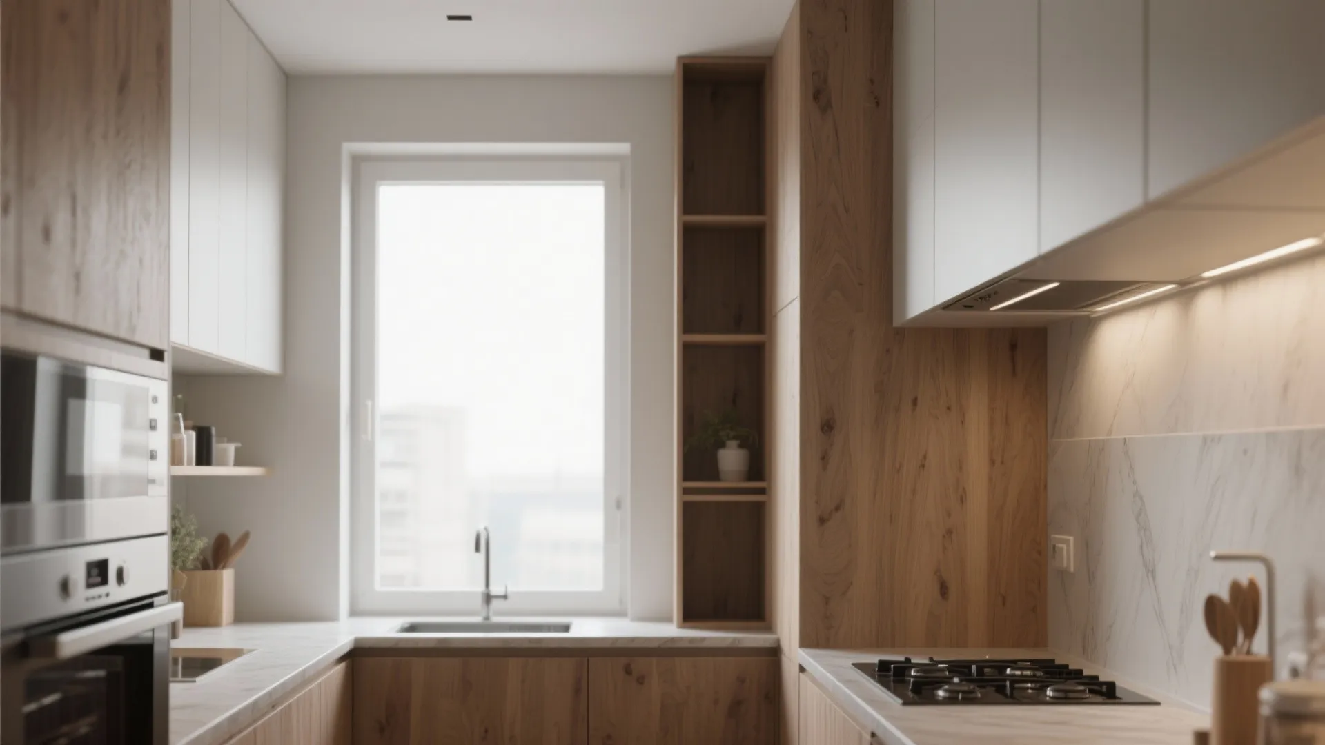 Small kitchen with wooden cabinets tall storage shelves white stone countertop sink and large window