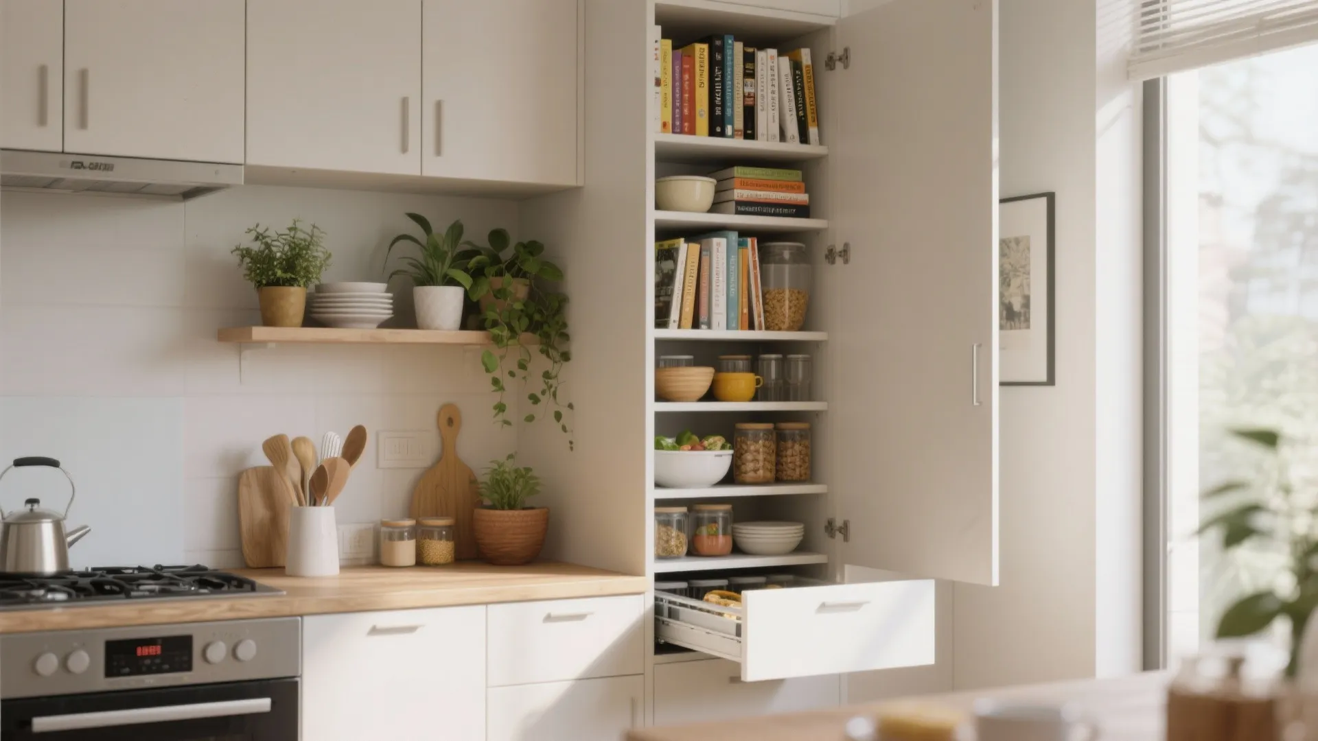 Small kitchen with tall pantry and open vertical shelving for cookbooks and plants