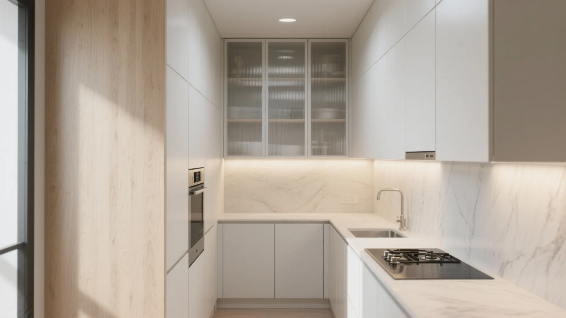 Small white kitchen with marble backsplash plus glass front cabinets and built in gas stove top