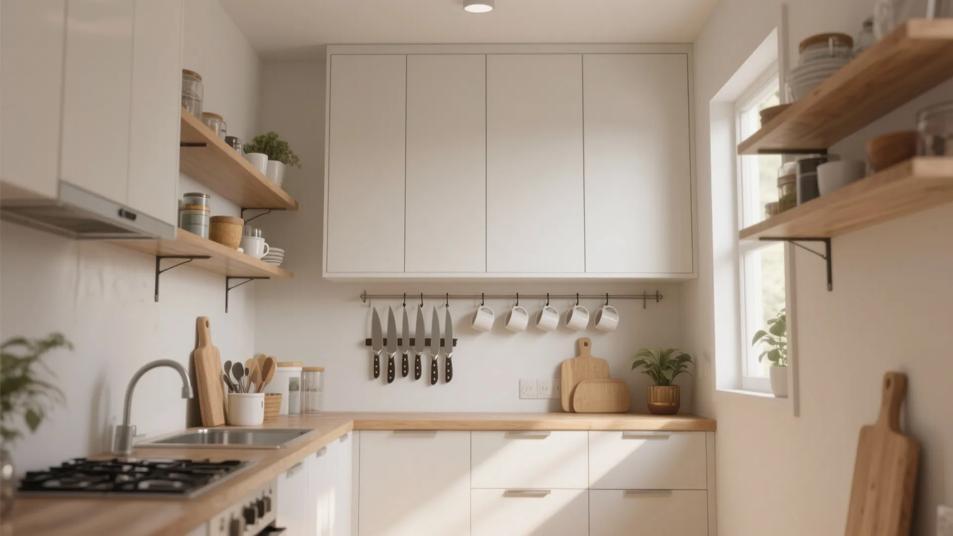 Minimalist white kitchen with wooden countertops hanging knife rack white cabinets and open wooden shelving