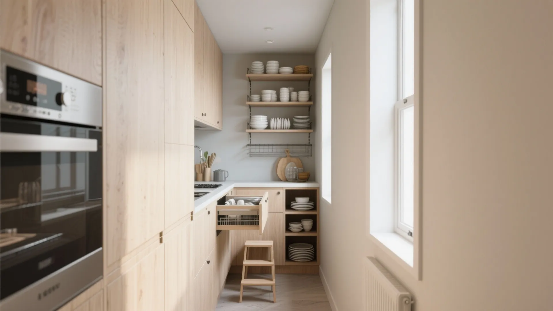 Narrow kitchen with wood cabinets open drawer shelves small step ladder white window and oven