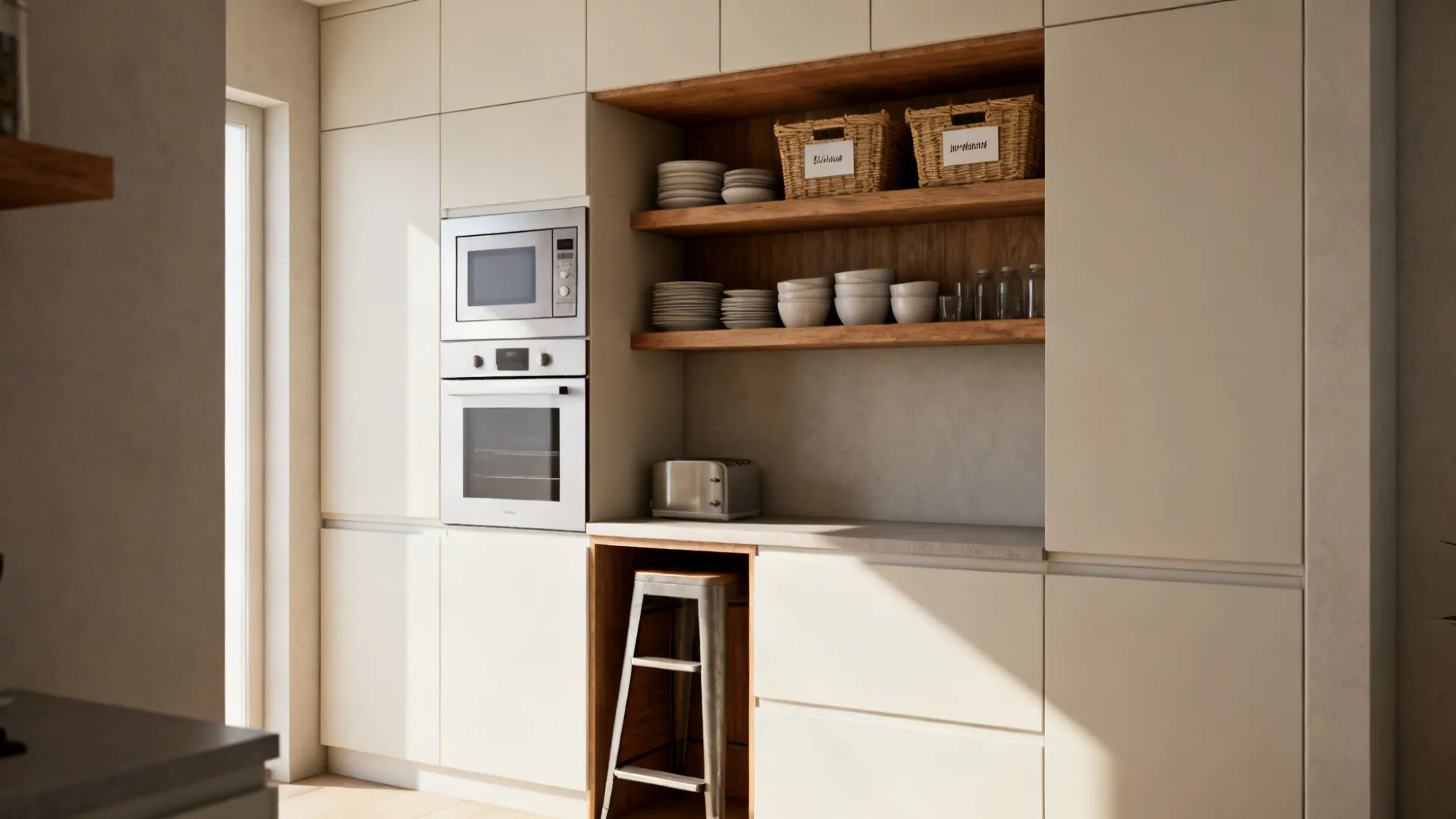 Full-height cabinets and open shelves above appliances in a small kitchen, keeping counters clear.