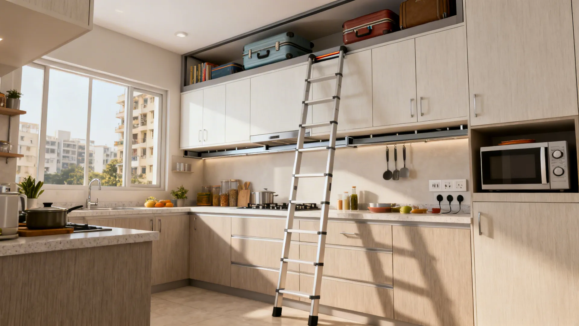 Full-height light cabinetry with slim rolling ladder and 300 mm appliance niche in a small kitchen.