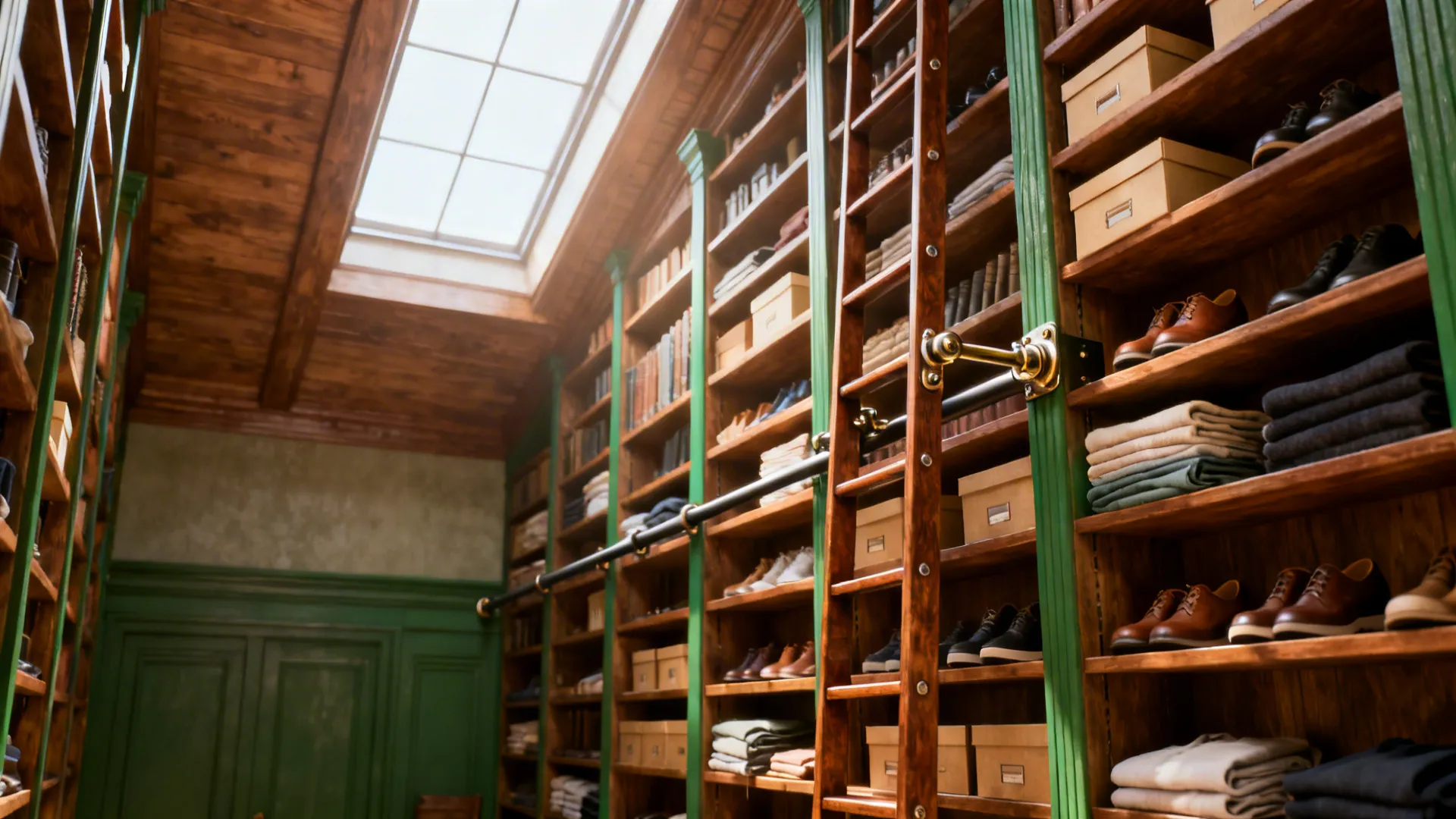 Tall shelving with a library-style ladder holding shoes, boxes and folded clothes in a high-ceiling room.
