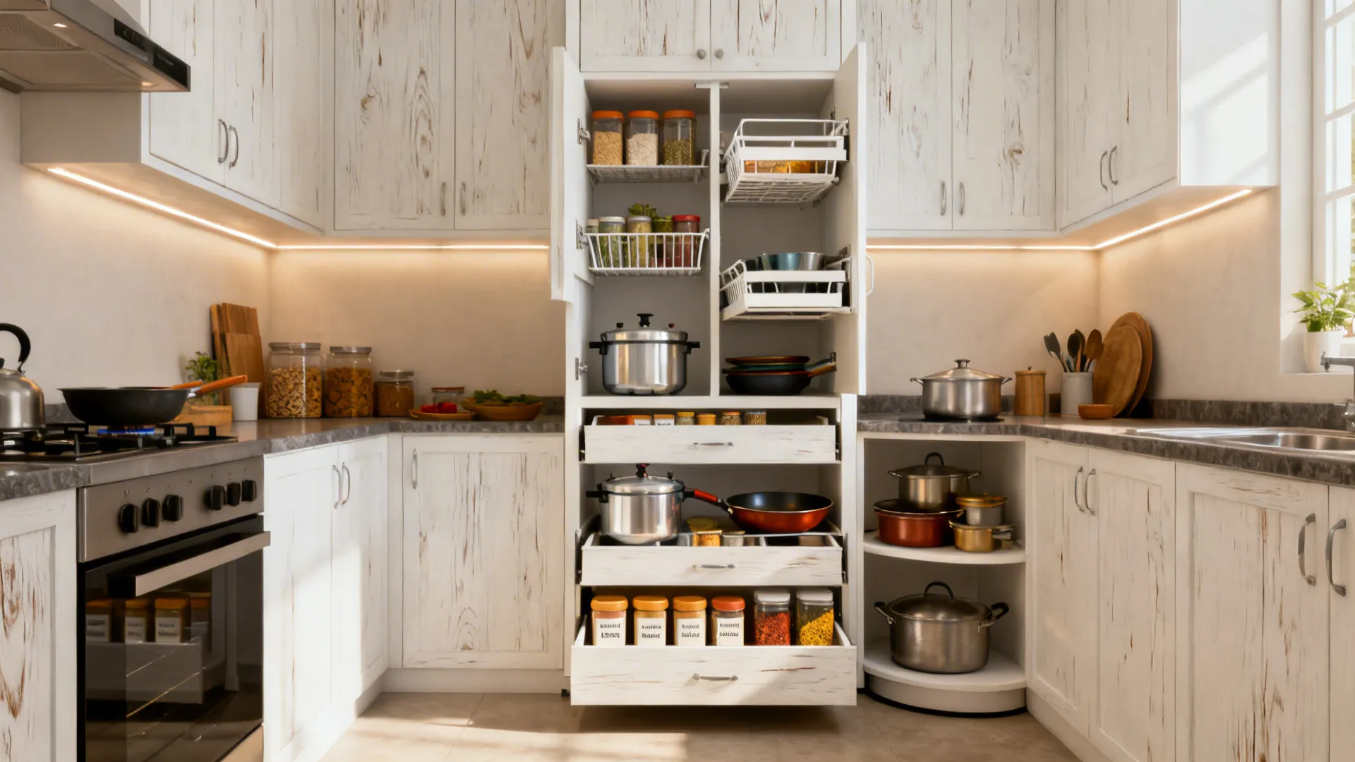 Small kitchen with tall pantry pull-outs and tandem drawers for Indian cookware and staples.