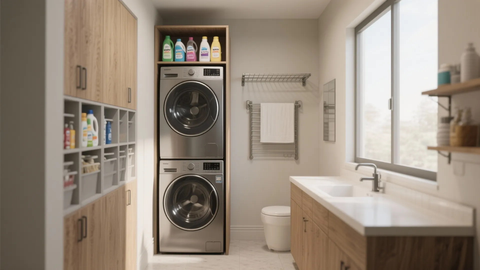 Laundry room layout with stacked washing machines wooden cabinets white sink window and cleaning product storage