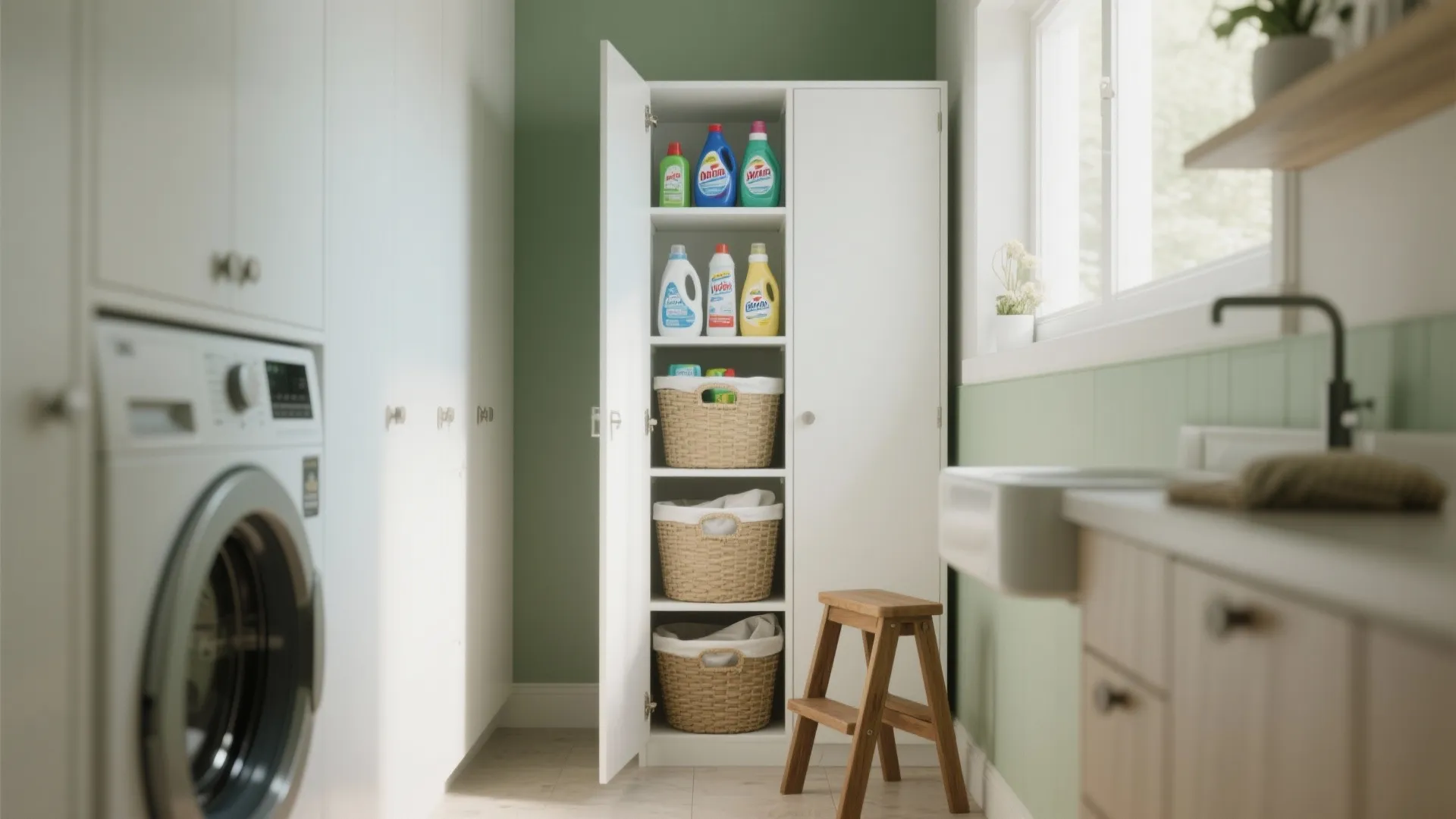 Modern laundry room with white tall cabinet holding detergent bottles and woven baskets for storage